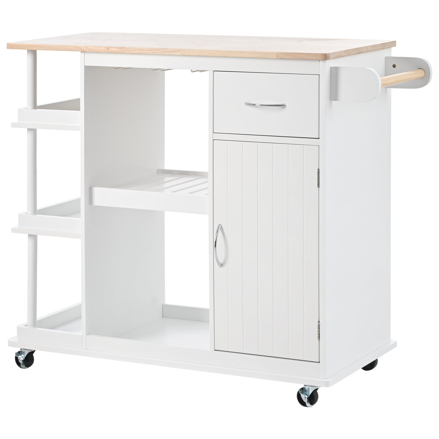 Melysen Multipurpose Kitchen Cart Cabinet with Side Storage Shelves,Rubber Wood Top, Adjustable Storage Shelves, 5 Wheels, Kitchen Storage Island with Wine Rack for Dining Room, Home,Bar,White