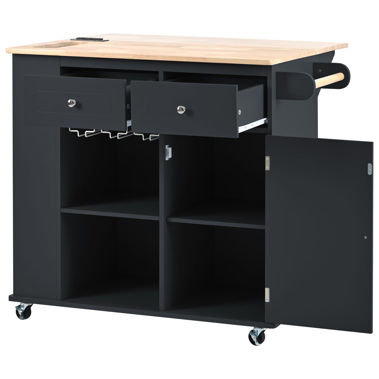 Melysen Kitchen Island with Power Outlet,Kitchen Storage Island with Drop Leaf and Rubber Wood,Open Storage and Wine Rack,5 Wheels,with Adjustable Storage for Home, Kitchen, and Dining Room, Black