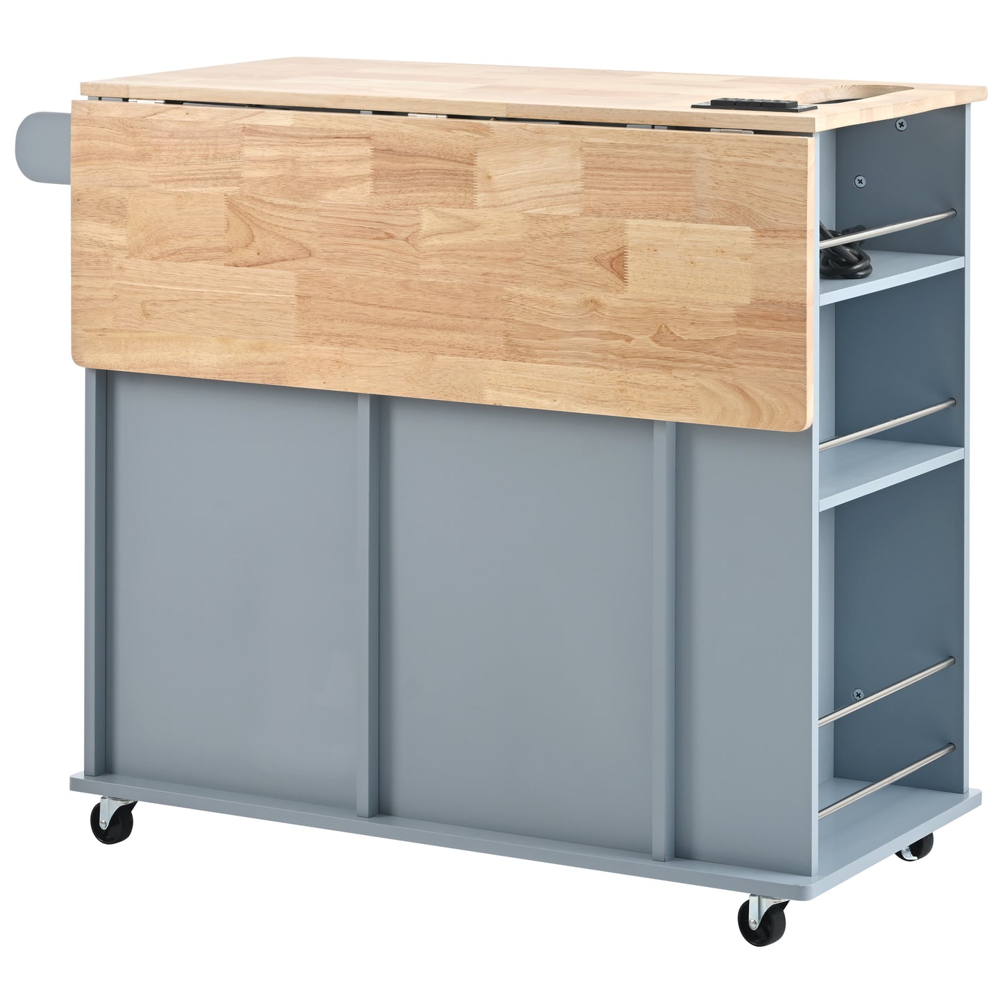 Melysen Kitchen Island with Power Outlet,Kitchen Storage Island with Drop Leaf and Rubber Wood,Open Storage and Wine Rack,5 Wheels,with Adjustable Storage for Home, Kitchen, and Dining Room, Grey Blue