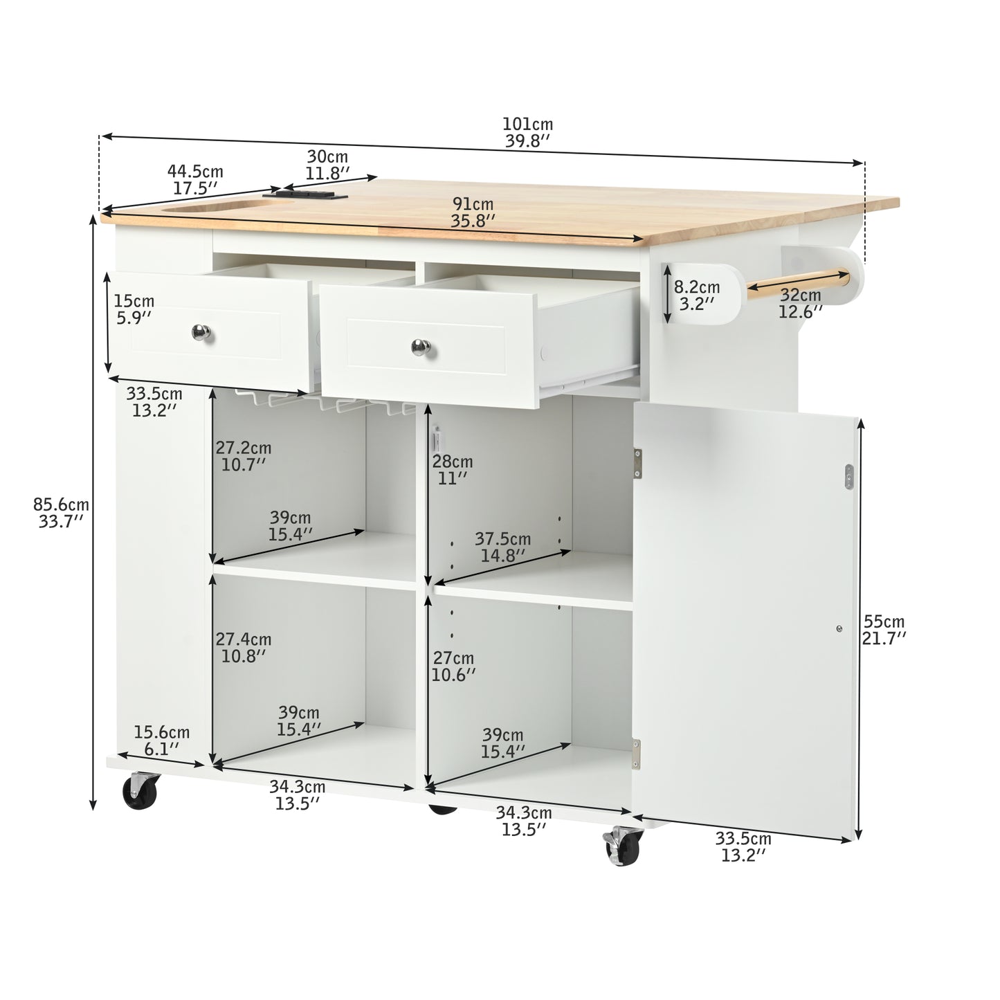 Melysen Kitchen Island with Power Outlet,Kitchen Storage Island with Drop Leaf and Rubber Wood,Open Storage and Wine Rack,5 Wheels,with Adjustable Storage for Home, Kitchen, and Dining Room,White