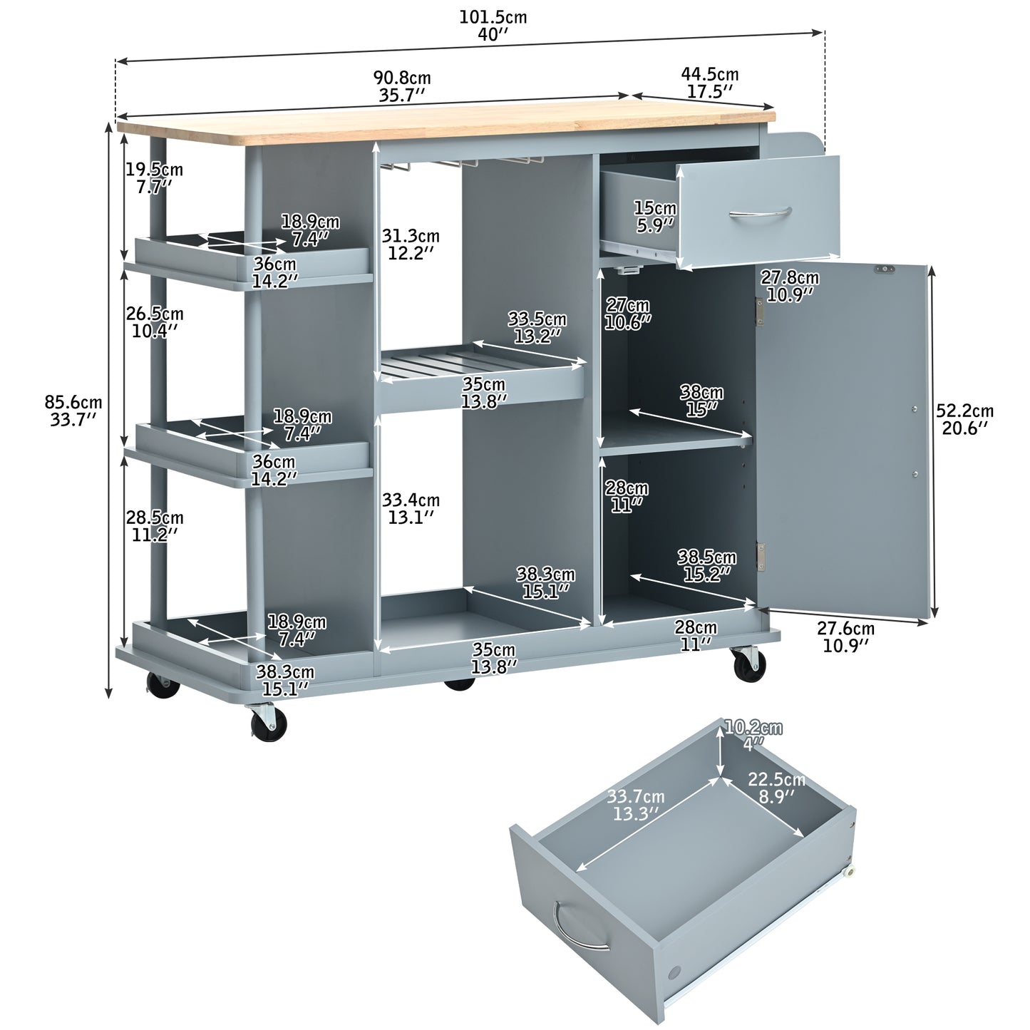 Melysen Multipurpose Kitchen Cart Cabinet with Side Storage Shelves,Rubber Wood Top, Adjustable Storage Shelves, 5 Wheels, Kitchen Storage Island with Wine Rack for Dining Room, Home,Bar,Grey Blue