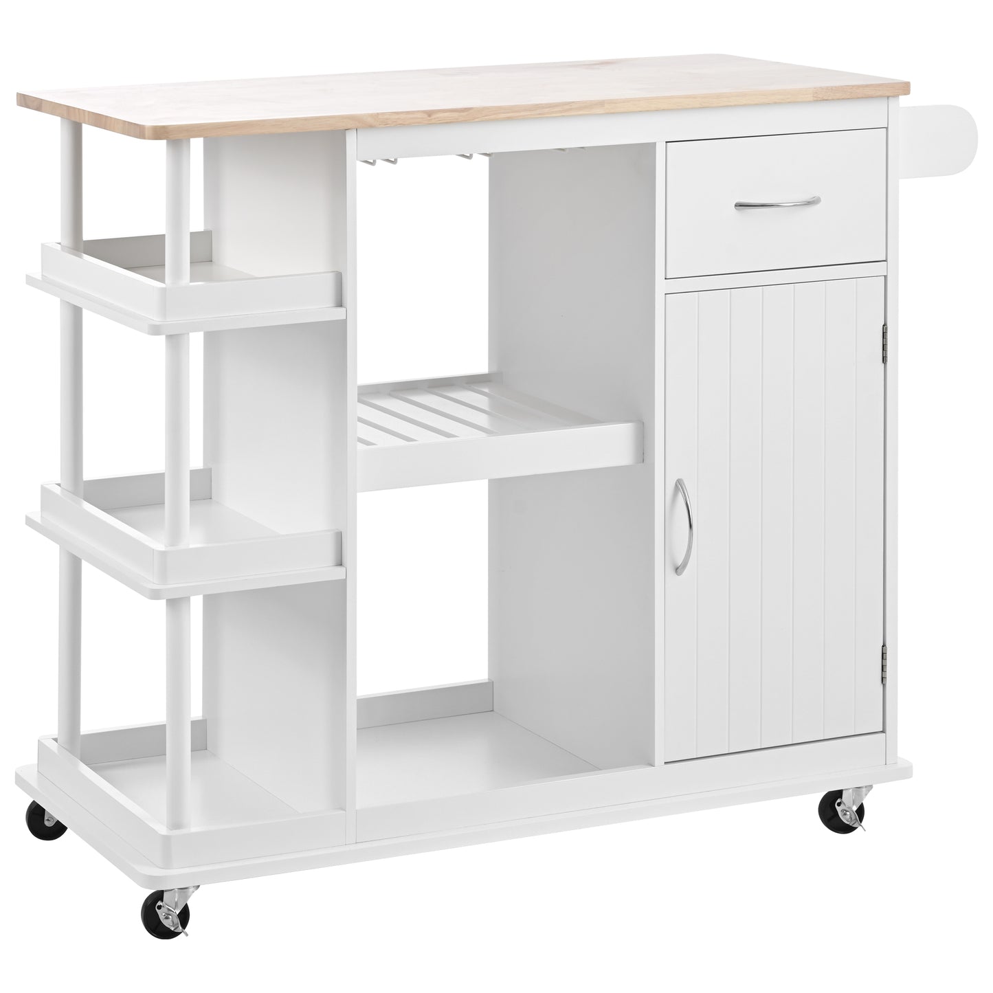 Melysen Multipurpose Kitchen Cart Cabinet with Side Storage Shelves,Rubber Wood Top, Adjustable Storage Shelves, 5 Wheels, Kitchen Storage Island with Wine Rack for Dining Room, Home,Bar,White