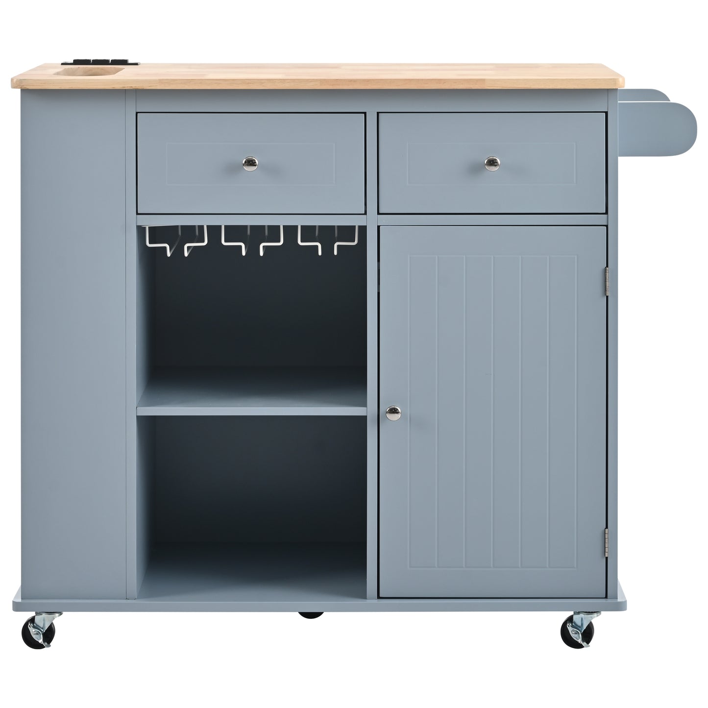 Melysen Kitchen Island with Power Outlet,Kitchen Storage Island with Drop Leaf and Rubber Wood,Open Storage and Wine Rack,5 Wheels,with Adjustable Storage for Home, Kitchen, and Dining Room, Grey Blue