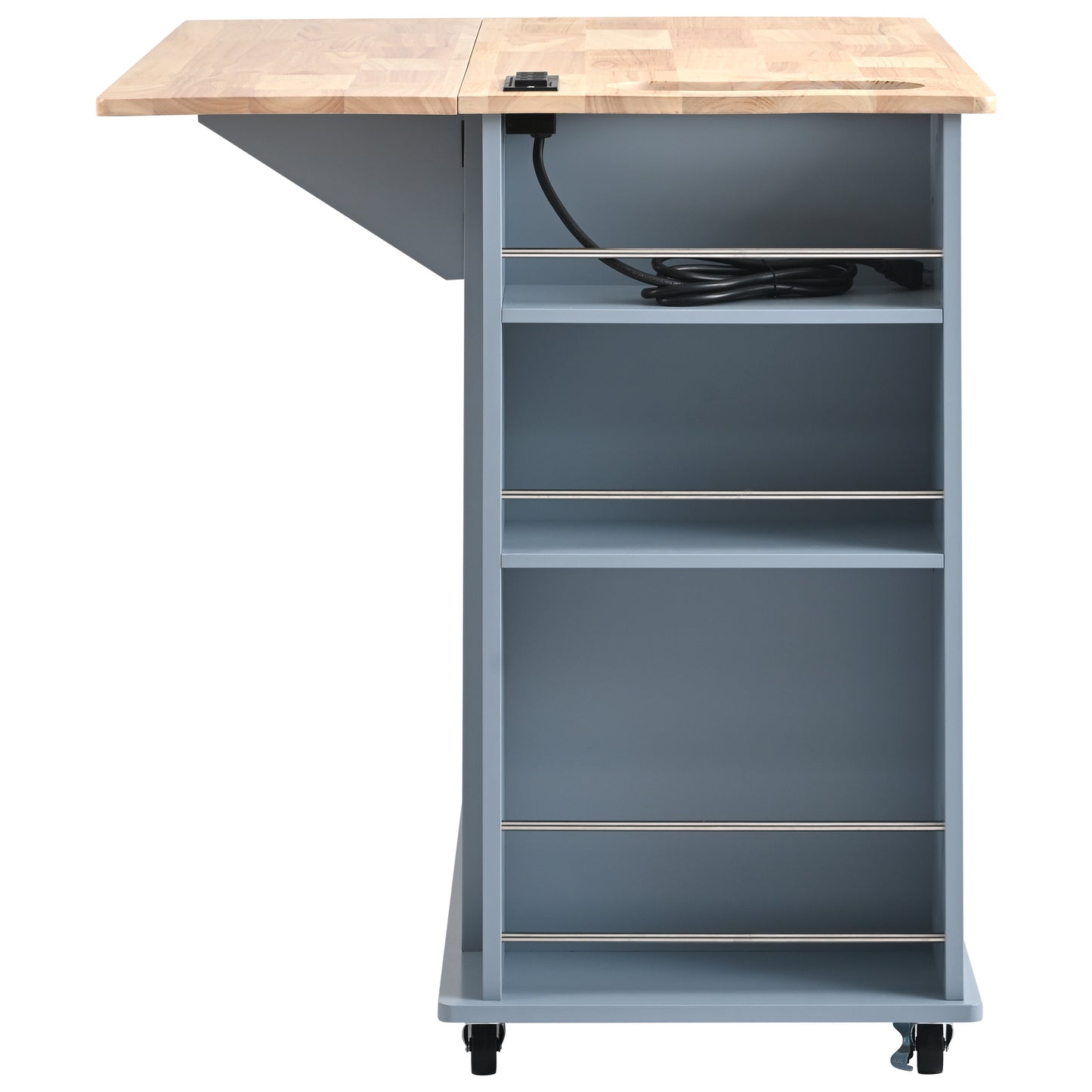 Melysen Kitchen Island with Power Outlet,Kitchen Storage Island with Drop Leaf and Rubber Wood,Open Storage and Wine Rack,5 Wheels,with Adjustable Storage for Home, Kitchen, and Dining Room, Grey Blue