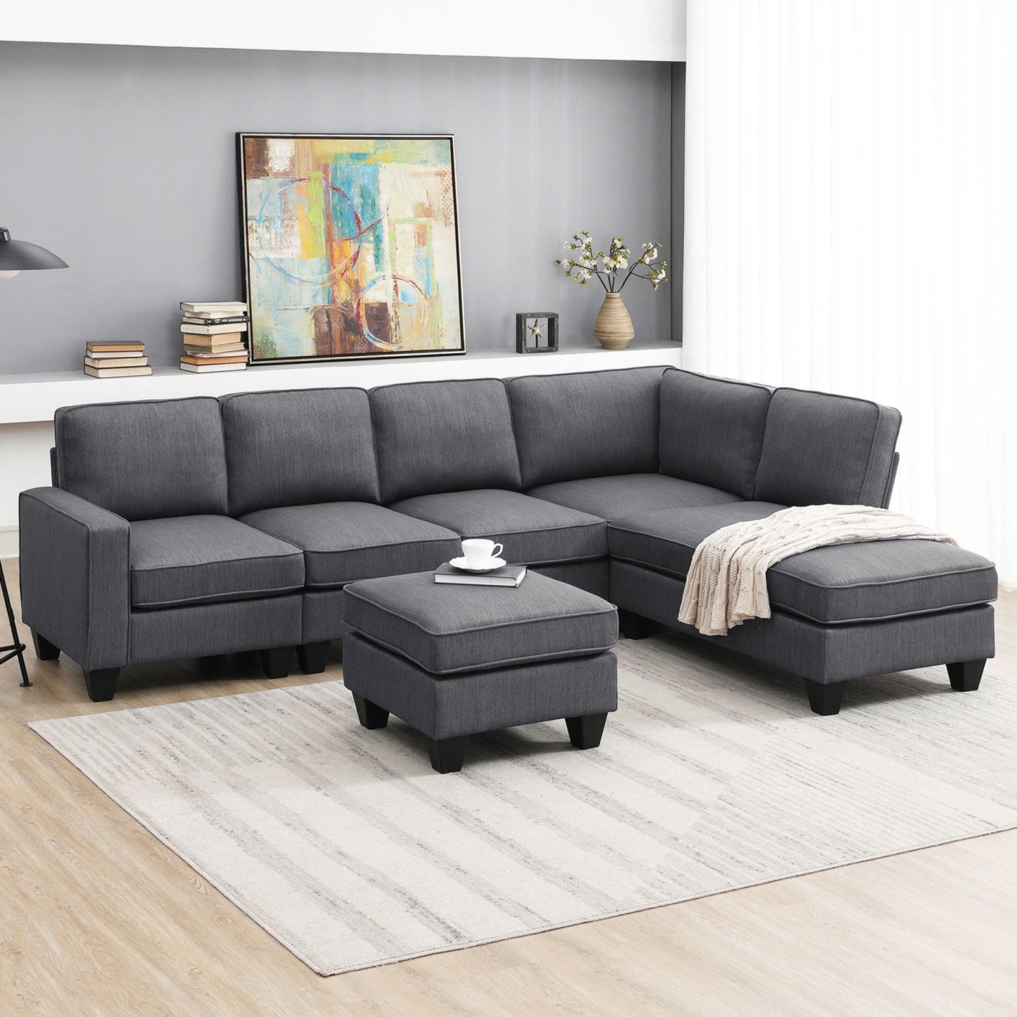 Melysen 104.3*78.7" Modern L-shaped Sectional Sofa,7-seat Linen Fabric Couch Set with Chaise Lounge and Convertible Ottoman for Living Room,Apartment,Office,3 Colors