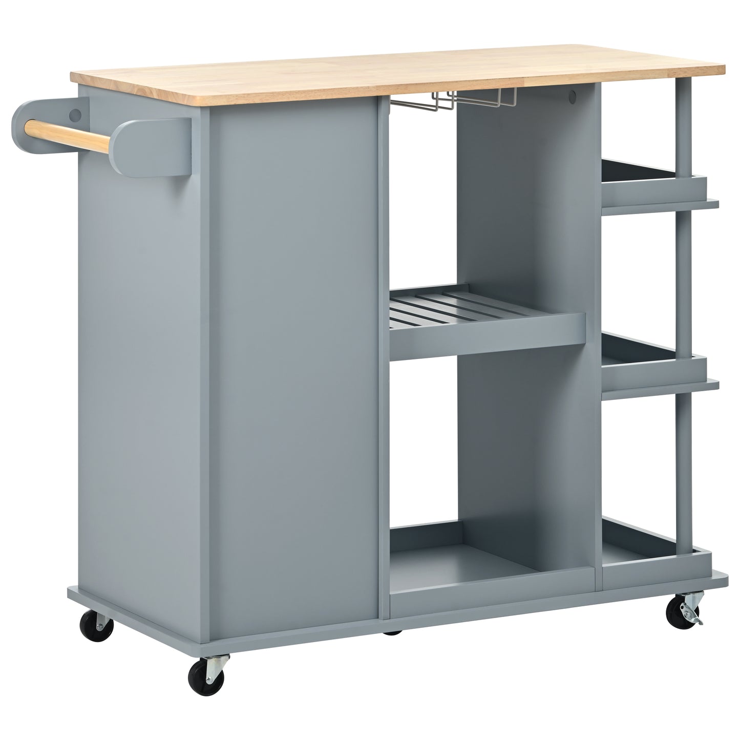 Melysen Multipurpose Kitchen Cart Cabinet with Side Storage Shelves,Rubber Wood Top, Adjustable Storage Shelves, 5 Wheels, Kitchen Storage Island with Wine Rack for Dining Room, Home,Bar,Grey Blue