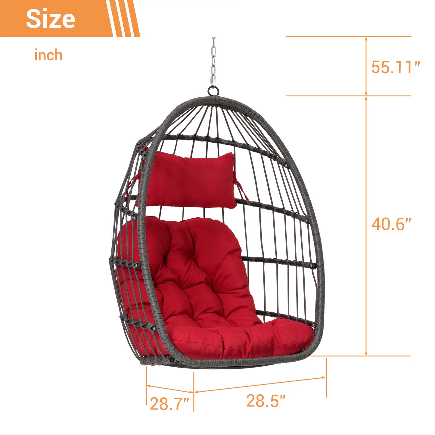 Melysen Outdoor Garden Rattan Egg Swing Chair Hanging Chair Wood,Red