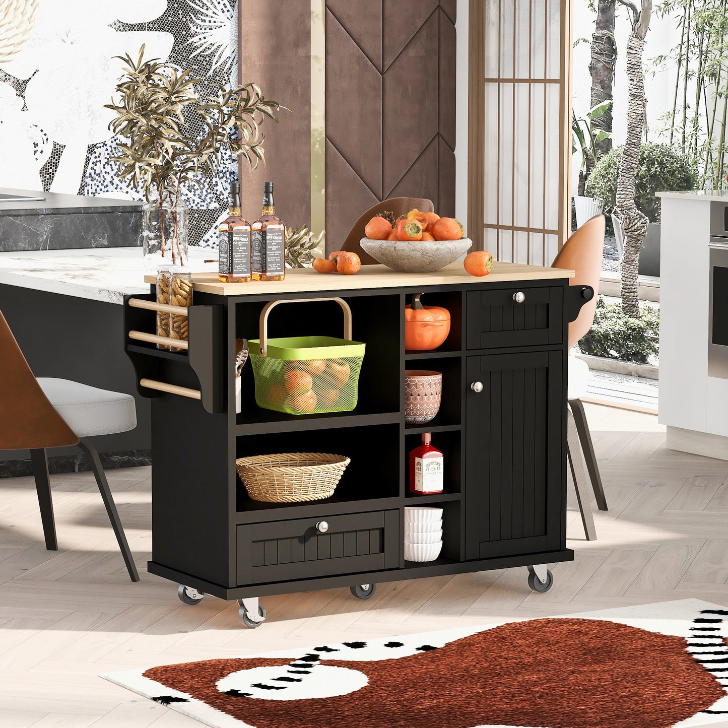 Melysen Kitchen Island Cart with Storage Cabinet and Two Locking Wheels,Solid wood desktop,Microwave cabinet,Floor Standing Buffet Server Sideboard for Kitchen Room,Dining Room,, Bathroom(Black)