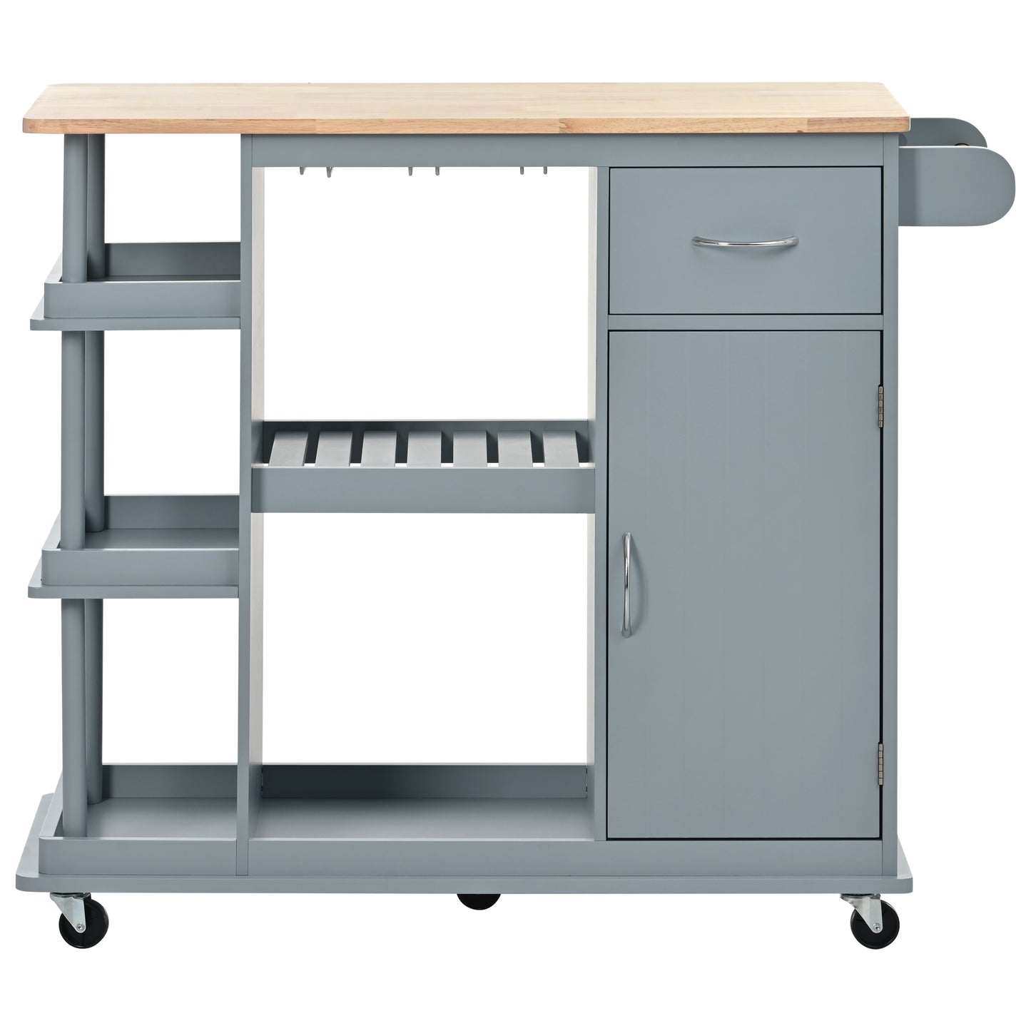 Melysen Multipurpose Kitchen Cart Cabinet with Side Storage Shelves,Rubber Wood Top, Adjustable Storage Shelves, 5 Wheels, Kitchen Storage Island with Wine Rack for Dining Room, Home,Bar,Grey Blue