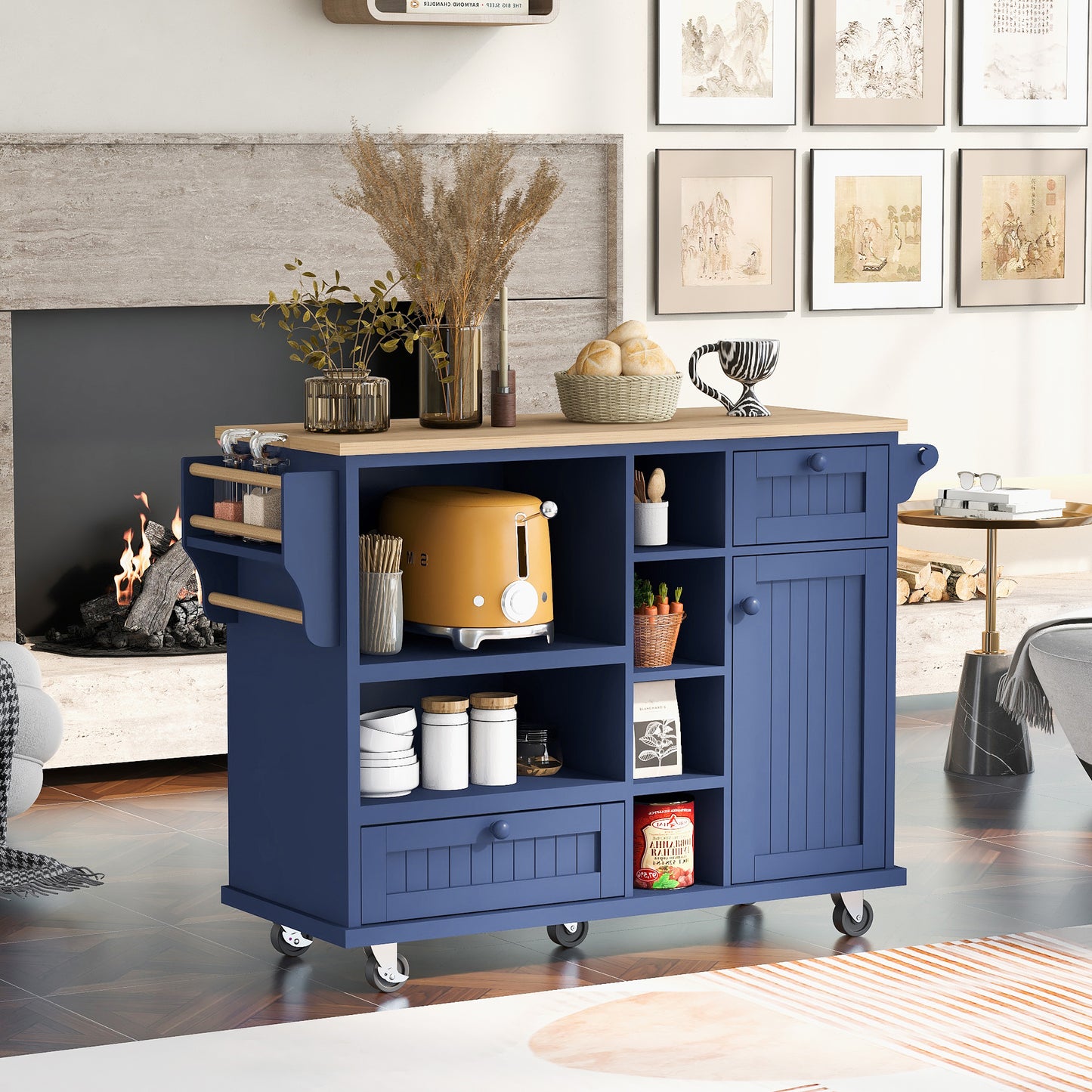 Melysen Kitchen Island Cart with Storage Cabinet and Two Locking Wheels,Solid wood desktop,Microwave cabinet,Floor Standing Buffet Server Sideboard for Kitchen Room,Dining Room,, Bathroom(Dark blue)