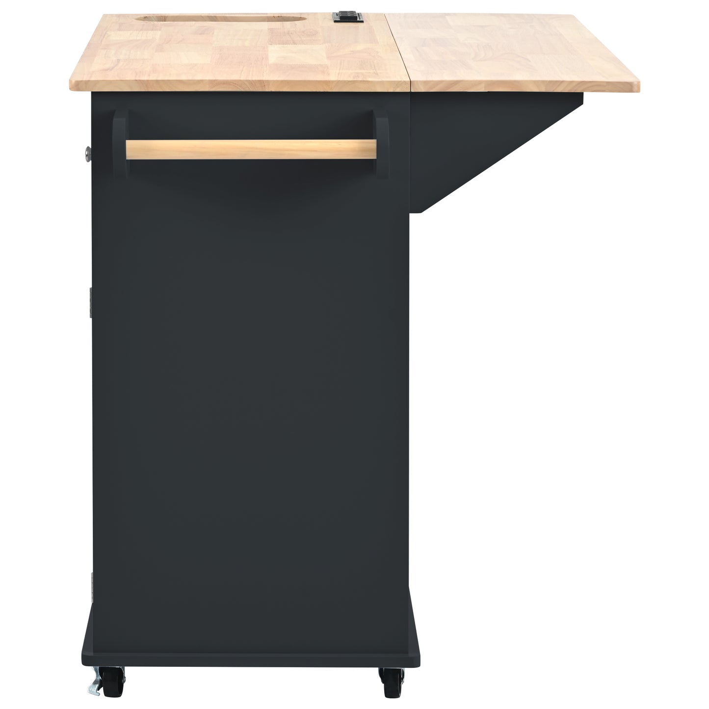 Melysen Kitchen Island with Power Outlet,Kitchen Storage Island with Drop Leaf and Rubber Wood,Open Storage and Wine Rack,5 Wheels,with Adjustable Storage for Home, Kitchen, and Dining Room, Black