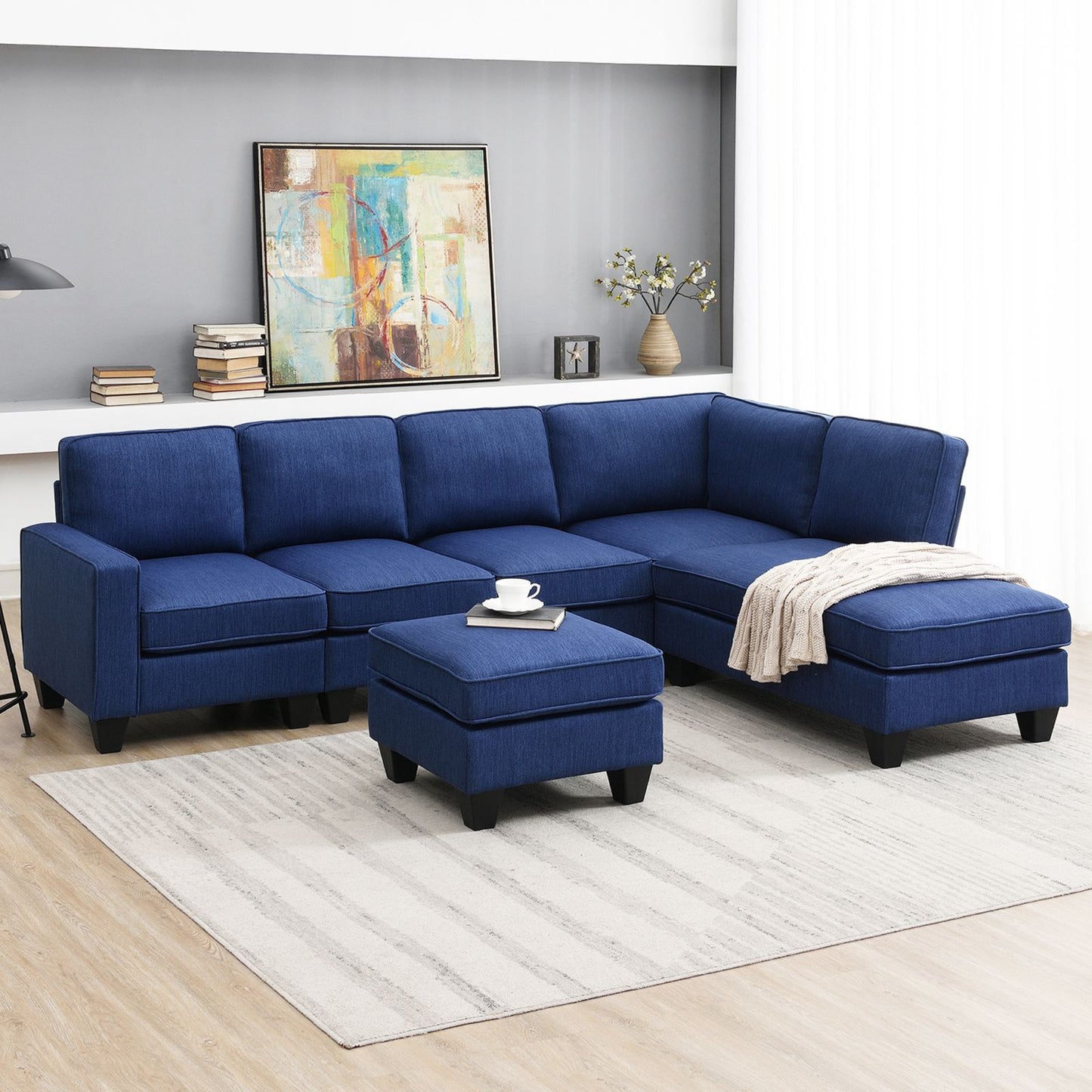 Melysen 104.3*78.7" Modern L-shaped Sectional Sofa,7-seat Linen Fabric Couch Set with Chaise Lounge and Convertible Ottoman for Living Room,Apartment,Office,3 Colors