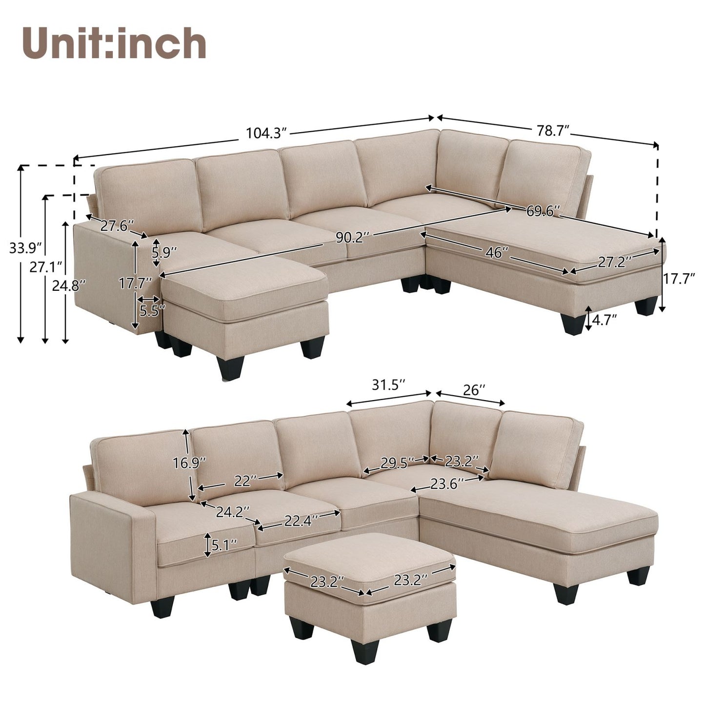 Melysen 104.3*78.7" Modern L-shaped Sectional Sofa,7-seat Linen Fabric Couch Set with Chaise Lounge and Convertible Ottoman for Living Room,Apartment,Office,3 Colors