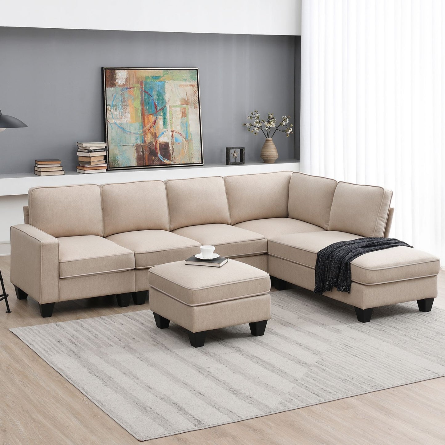 Melysen 104.3*78.7" Modern L-shaped Sectional Sofa,7-seat Linen Fabric Couch Set with Chaise Lounge and Convertible Ottoman for Living Room,Apartment,Office,3 Colors