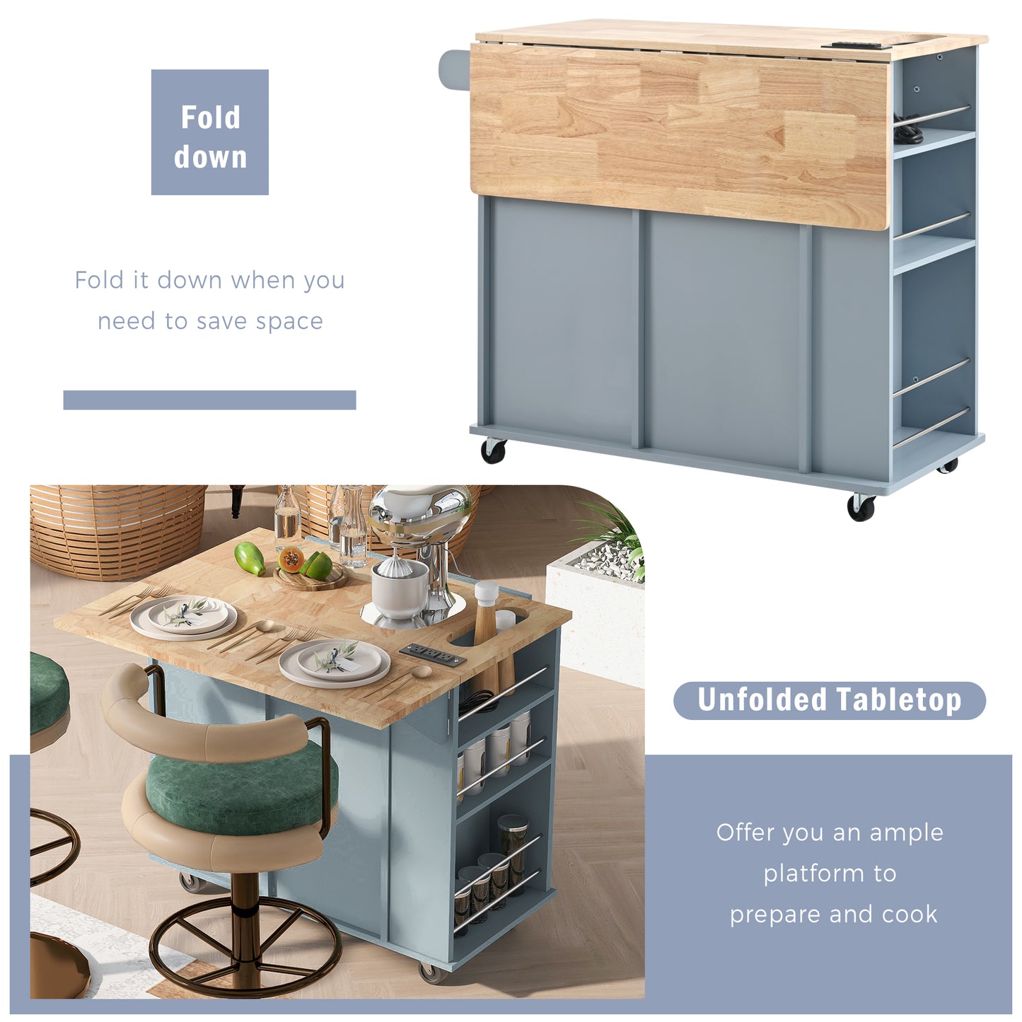 Melysen Kitchen Island with Power Outlet,Kitchen Storage Island with Drop Leaf and Rubber Wood,Open Storage and Wine Rack,5 Wheels,with Adjustable Storage for Home, Kitchen, and Dining Room, Grey Blue