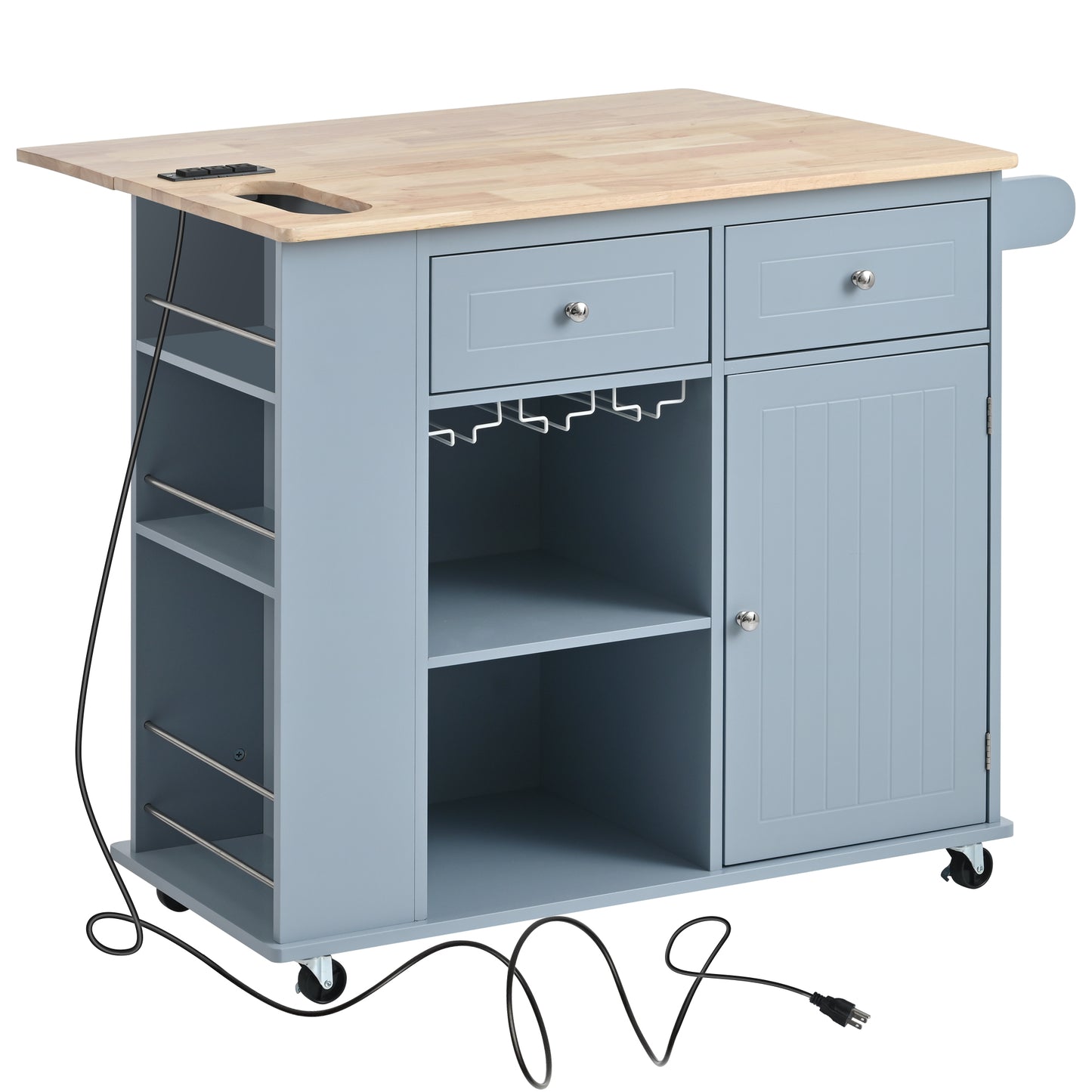 Melysen Kitchen Island with Power Outlet,Kitchen Storage Island with Drop Leaf and Rubber Wood,Open Storage and Wine Rack,5 Wheels,with Adjustable Storage for Home, Kitchen, and Dining Room, Grey Blue