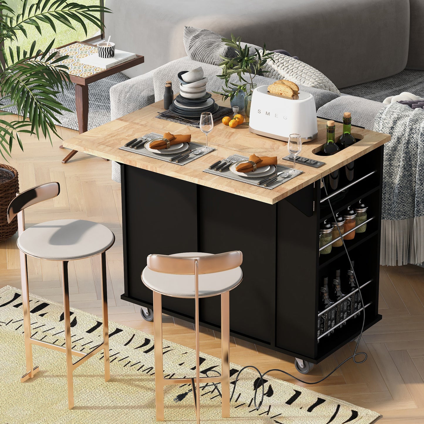 Melysen Kitchen Island with Power Outlet,Kitchen Storage Island with Drop Leaf and Rubber Wood,Open Storage and Wine Rack,5 Wheels,with Adjustable Storage for Home, Kitchen, and Dining Room, Black