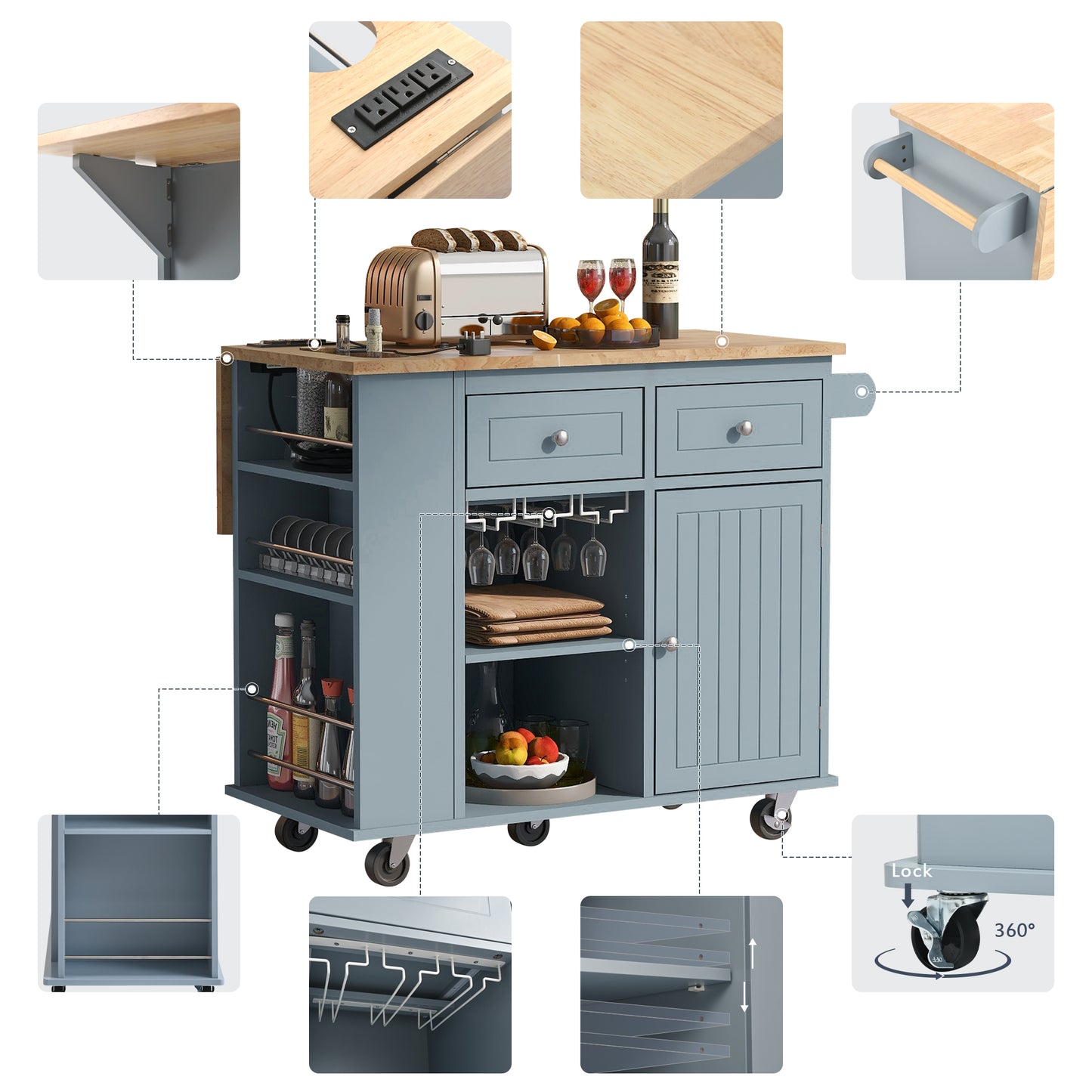 Melysen Kitchen Island with Power Outlet,Kitchen Storage Island with Drop Leaf and Rubber Wood,Open Storage and Wine Rack,5 Wheels,with Adjustable Storage for Home, Kitchen, and Dining Room, Grey Blue