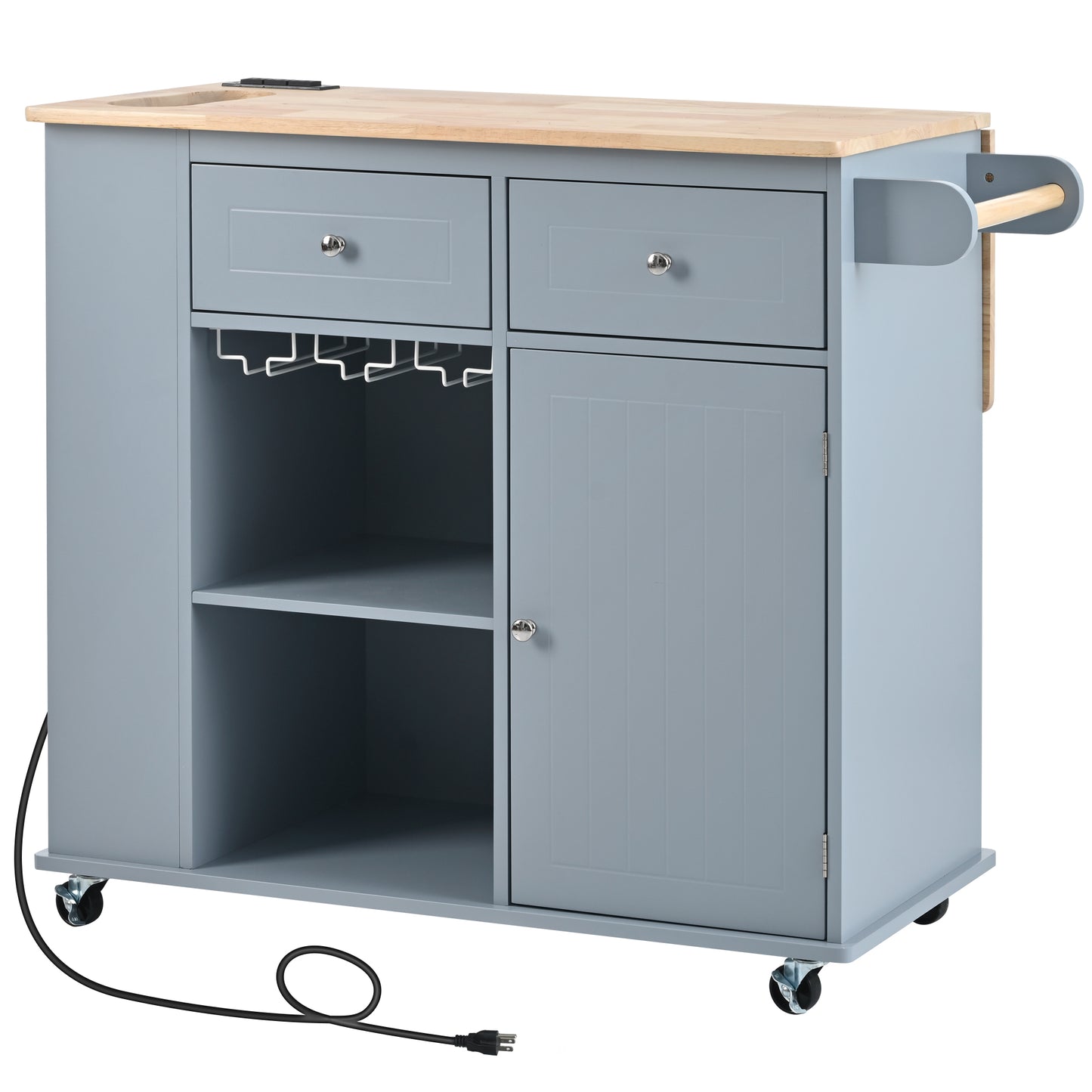 Melysen Kitchen Island with Power Outlet,Kitchen Storage Island with Drop Leaf and Rubber Wood,Open Storage and Wine Rack,5 Wheels,with Adjustable Storage for Home, Kitchen, and Dining Room, Grey Blue