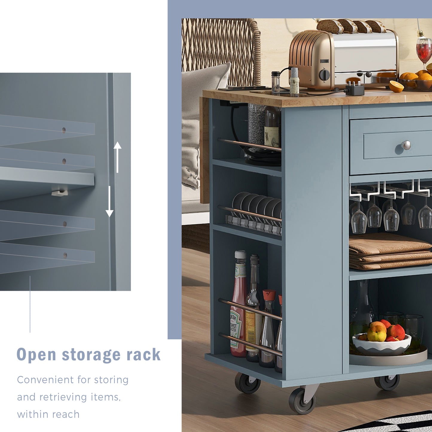 Melysen Kitchen Island with Power Outlet,Kitchen Storage Island with Drop Leaf and Rubber Wood,Open Storage and Wine Rack,5 Wheels,with Adjustable Storage for Home, Kitchen, and Dining Room, Grey Blue