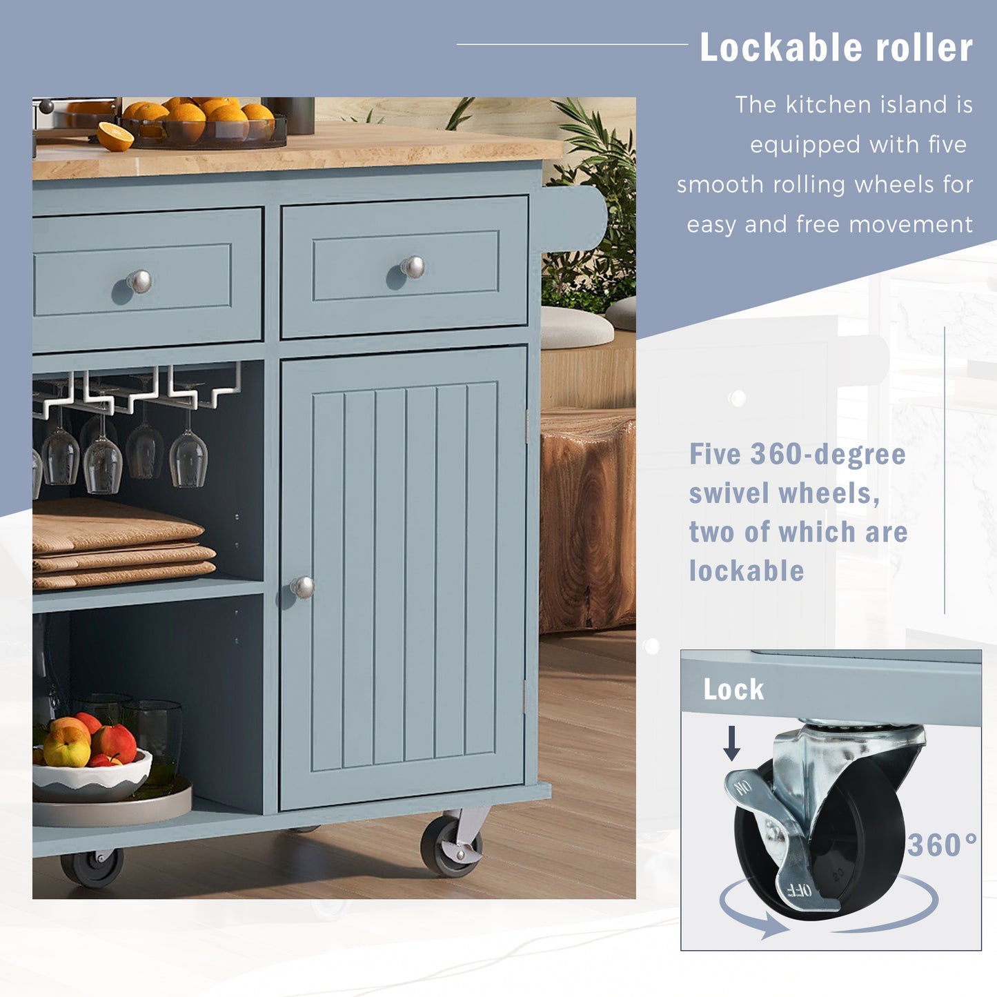 Melysen Kitchen Island with Power Outlet,Kitchen Storage Island with Drop Leaf and Rubber Wood,Open Storage and Wine Rack,5 Wheels,with Adjustable Storage for Home, Kitchen, and Dining Room, Grey Blue