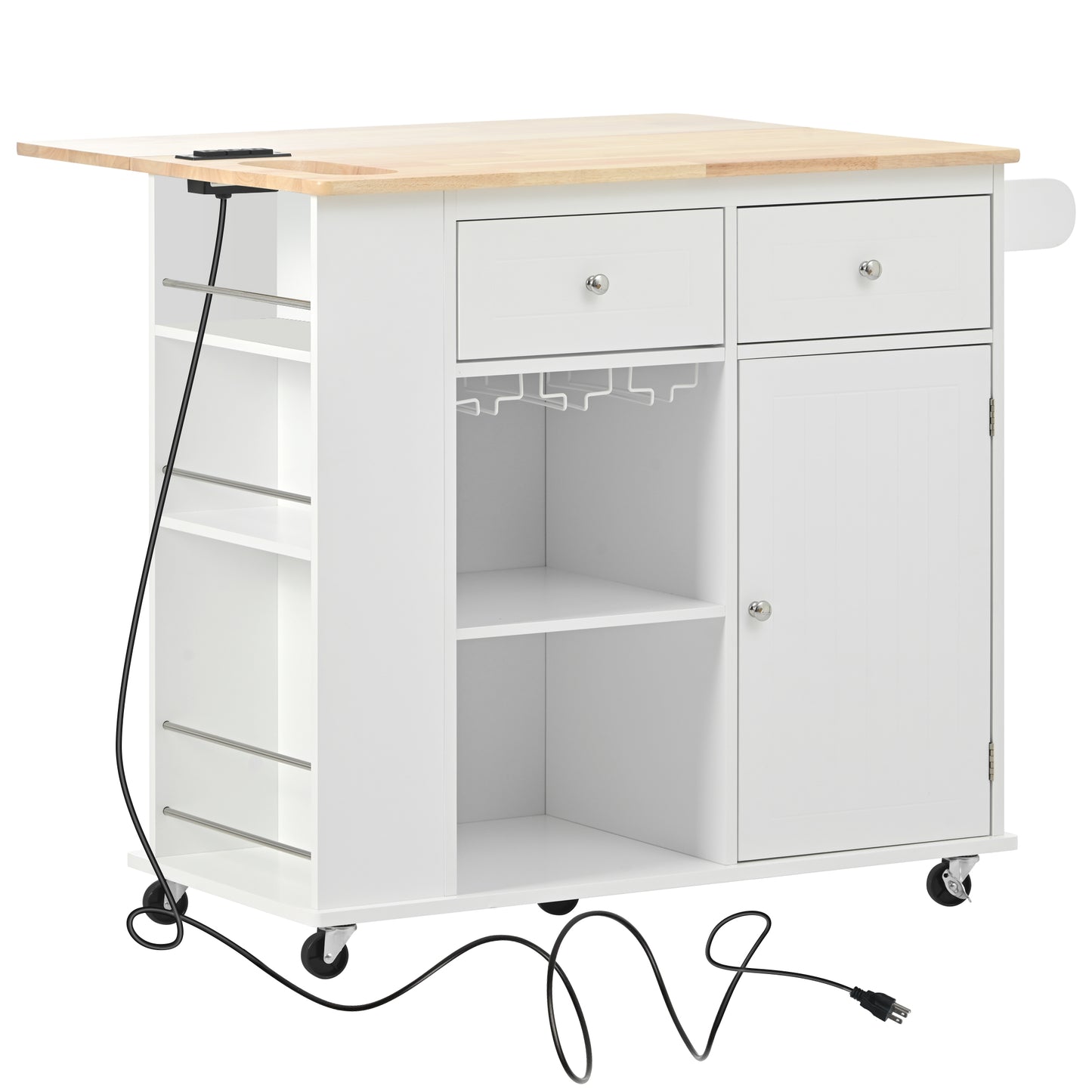 Melysen Kitchen Island with Power Outlet,Kitchen Storage Island with Drop Leaf and Rubber Wood,Open Storage and Wine Rack,5 Wheels,with Adjustable Storage for Home, Kitchen, and Dining Room,White