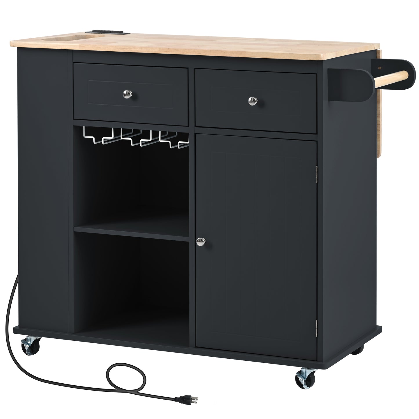 Melysen Kitchen Island with Power Outlet,Kitchen Storage Island with Drop Leaf and Rubber Wood,Open Storage and Wine Rack,5 Wheels,with Adjustable Storage for Home, Kitchen, and Dining Room, Black