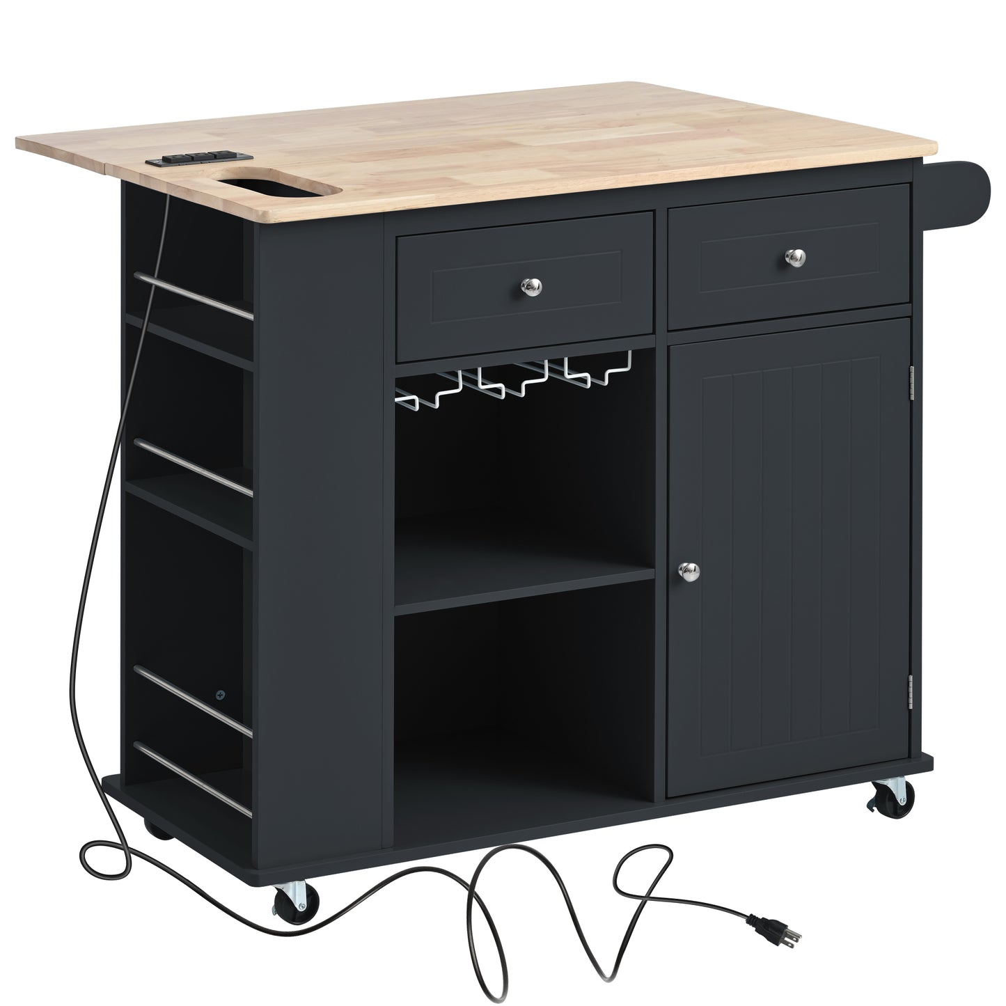 Melysen Kitchen Island with Power Outlet,Kitchen Storage Island with Drop Leaf and Rubber Wood,Open Storage and Wine Rack,5 Wheels,with Adjustable Storage for Home, Kitchen, and Dining Room, Black