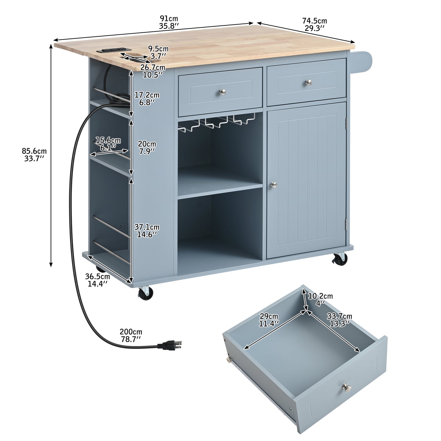 Melysen Kitchen Island with Power Outlet,Kitchen Storage Island with Drop Leaf and Rubber Wood,Open Storage and Wine Rack,5 Wheels,with Adjustable Storage for Home, Kitchen, and Dining Room, Grey Blue