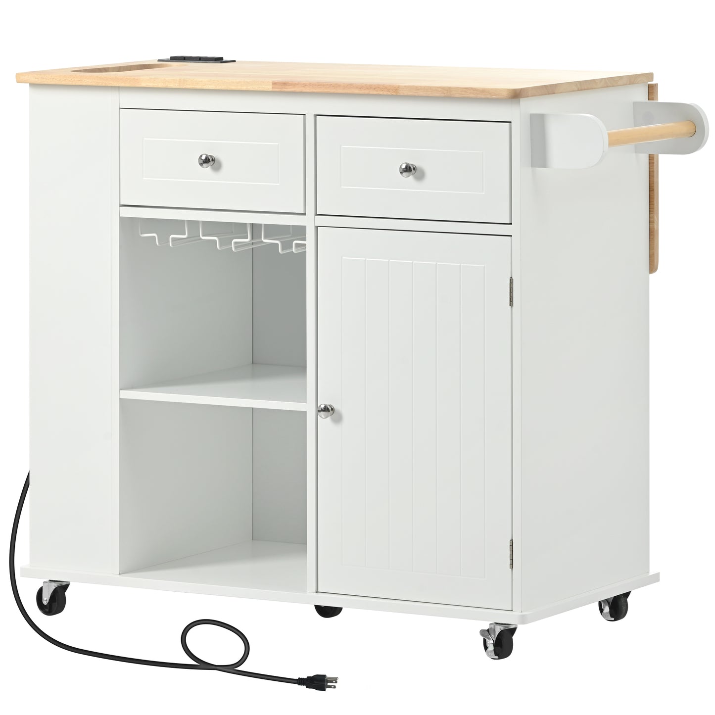 Melysen Kitchen Island with Power Outlet,Kitchen Storage Island with Drop Leaf and Rubber Wood,Open Storage and Wine Rack,5 Wheels,with Adjustable Storage for Home, Kitchen, and Dining Room,White