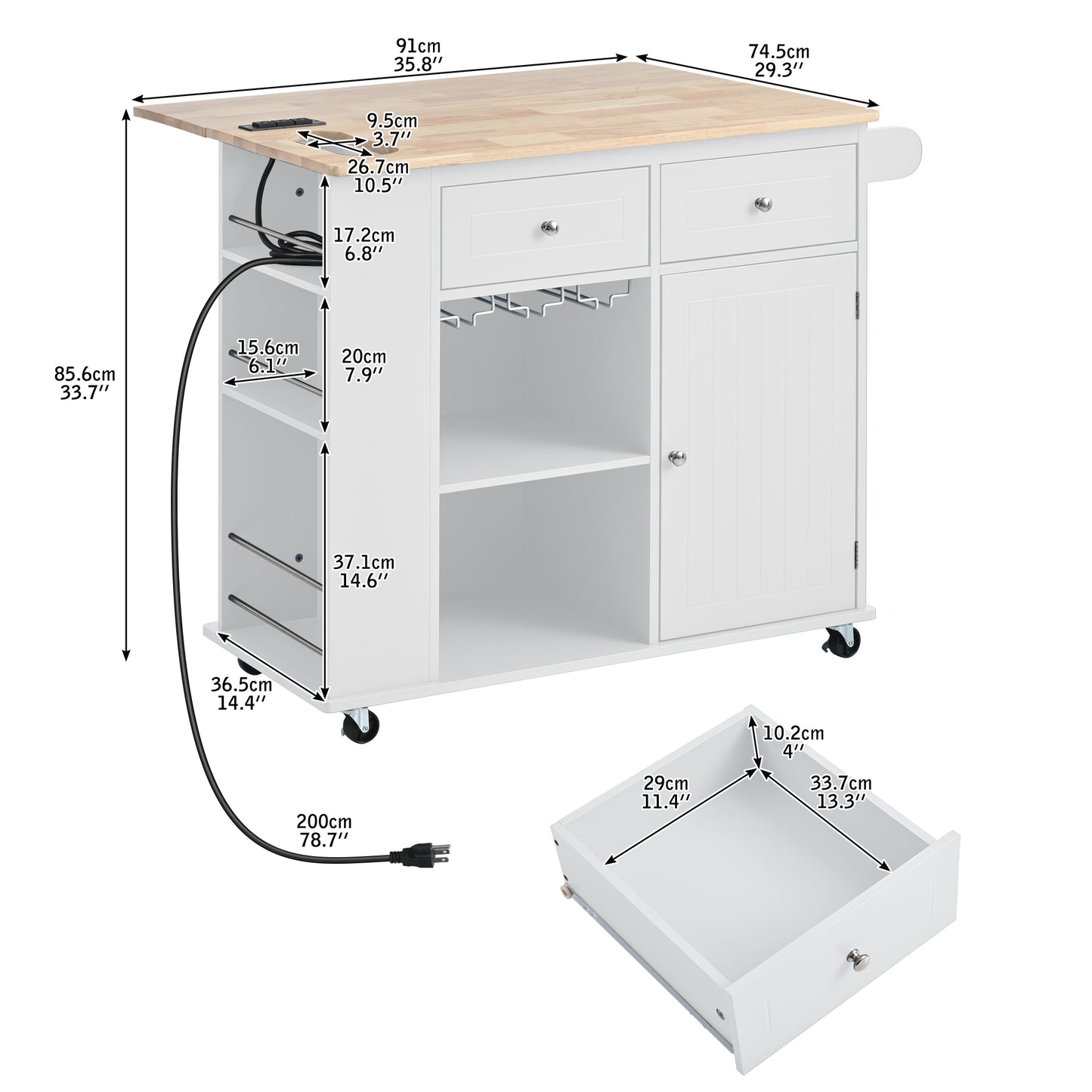 Melysen Kitchen Island with Power Outlet,Kitchen Storage Island with Drop Leaf and Rubber Wood,Open Storage and Wine Rack,5 Wheels,with Adjustable Storage for Home, Kitchen, and Dining Room,White