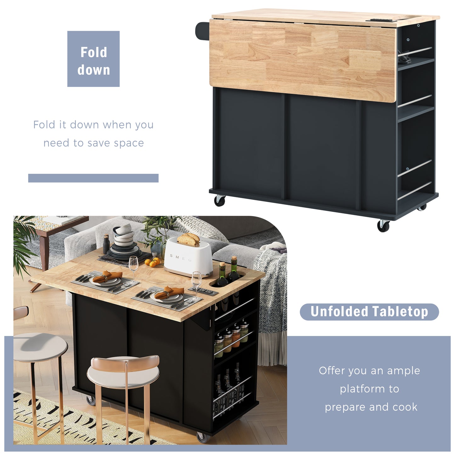 Melysen Kitchen Island with Power Outlet,Kitchen Storage Island with Drop Leaf and Rubber Wood,Open Storage and Wine Rack,5 Wheels,with Adjustable Storage for Home, Kitchen, and Dining Room, Black