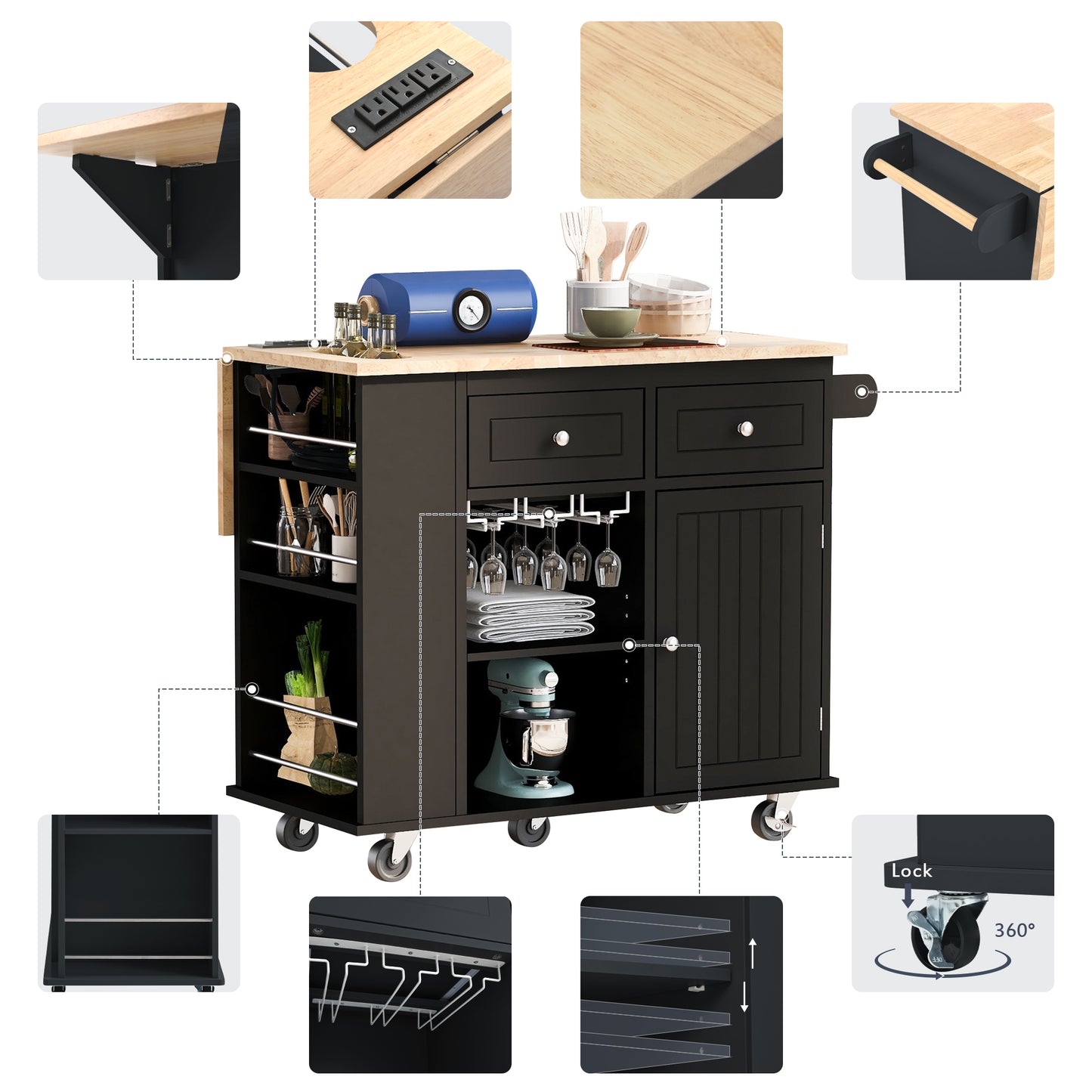 Melysen Kitchen Island with Power Outlet,Kitchen Storage Island with Drop Leaf and Rubber Wood,Open Storage and Wine Rack,5 Wheels,with Adjustable Storage for Home, Kitchen, and Dining Room, Black