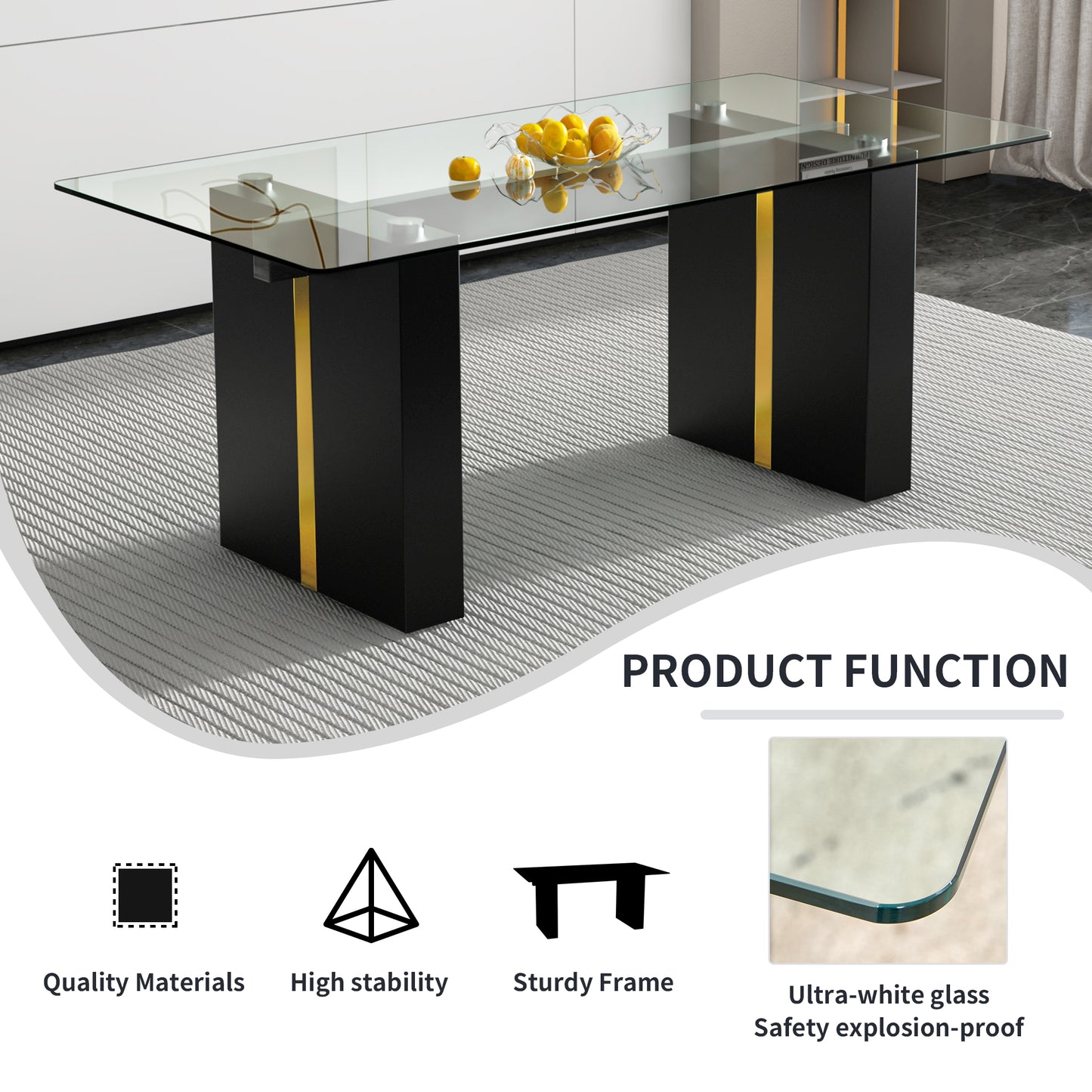 Melysen Large Modern Simple Rectangular Glass Table, Which Can Accommodate 6-8 People, Equipped with 0.39-Inch Tempered Glass Table Top and Large Mdf Table Legs, Used For Kitchen, Dining Room, Living Room1546