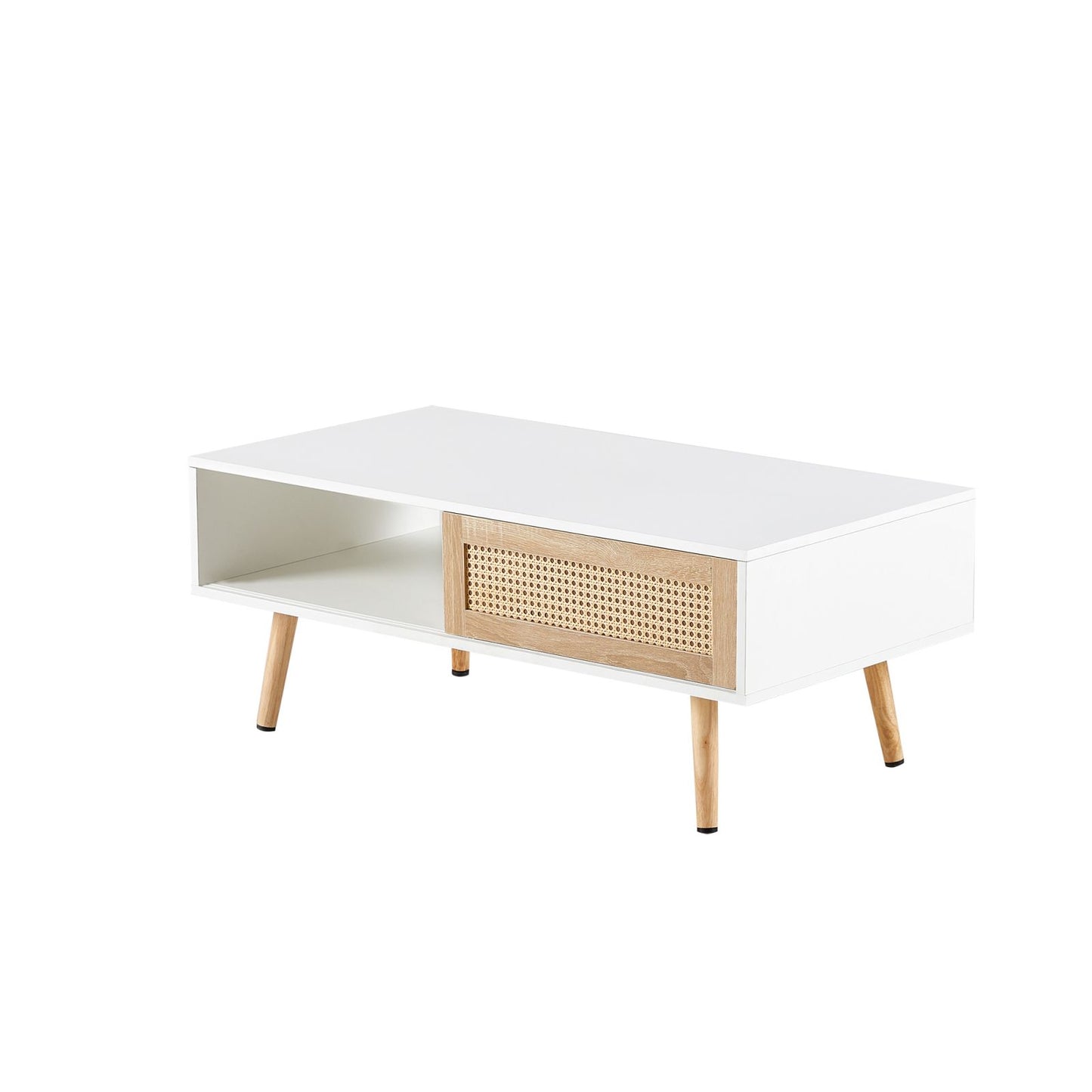 Melysen 41.34" Rattan Coffee table, sliding door for storage, solid wood legs, Modern table  for living room ,White