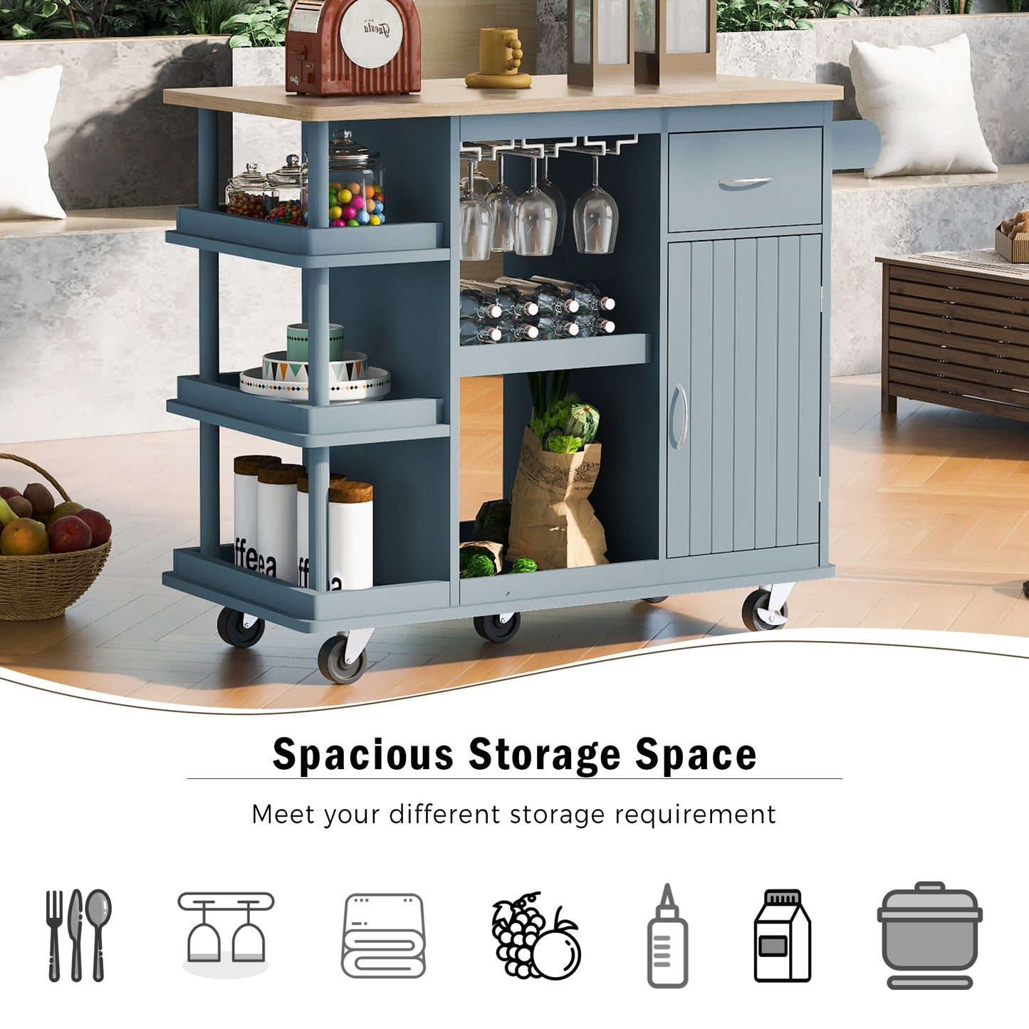 Melysen Multipurpose Kitchen Cart Cabinet with Side Storage Shelves,Rubber Wood Top, Adjustable Storage Shelves, 5 Wheels, Kitchen Storage Island with Wine Rack for Dining Room, Home,Bar,Grey Blue