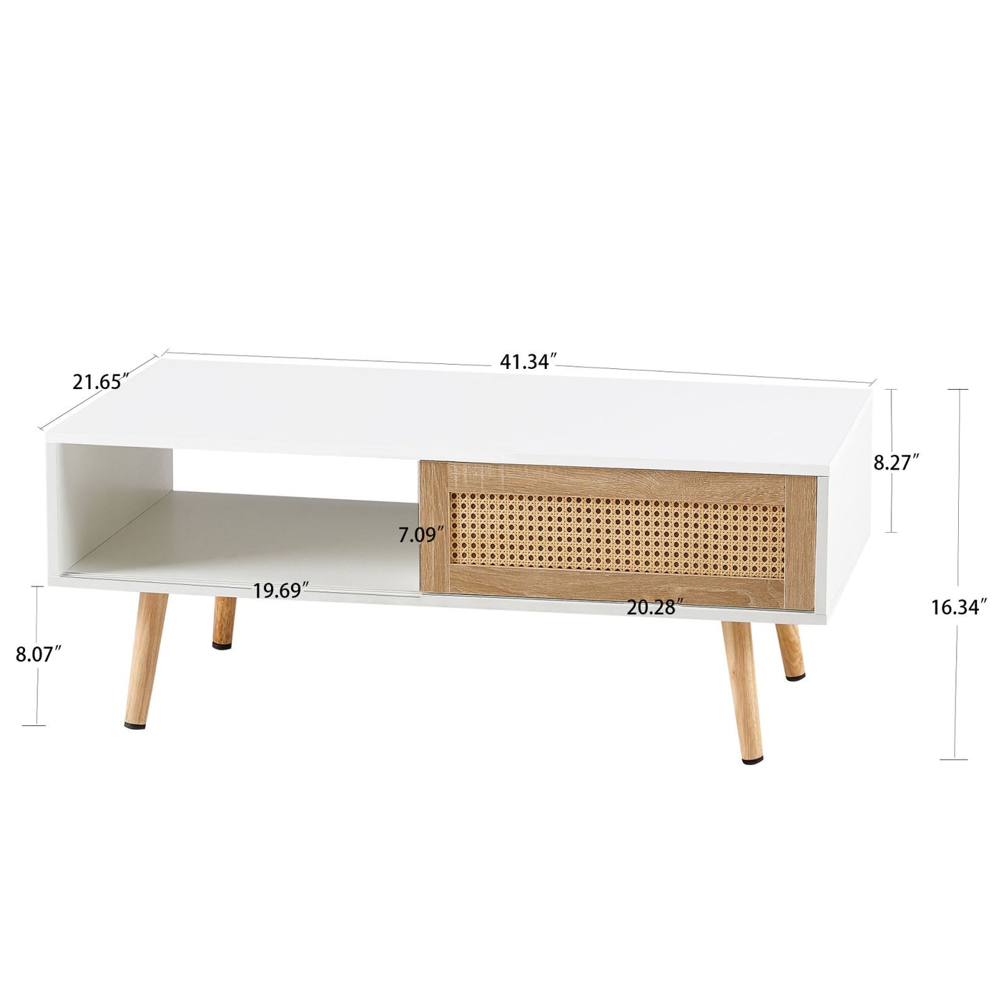 Melysen 41.34" Rattan Coffee table, sliding door for storage, solid wood legs, Modern table  for living room ,White