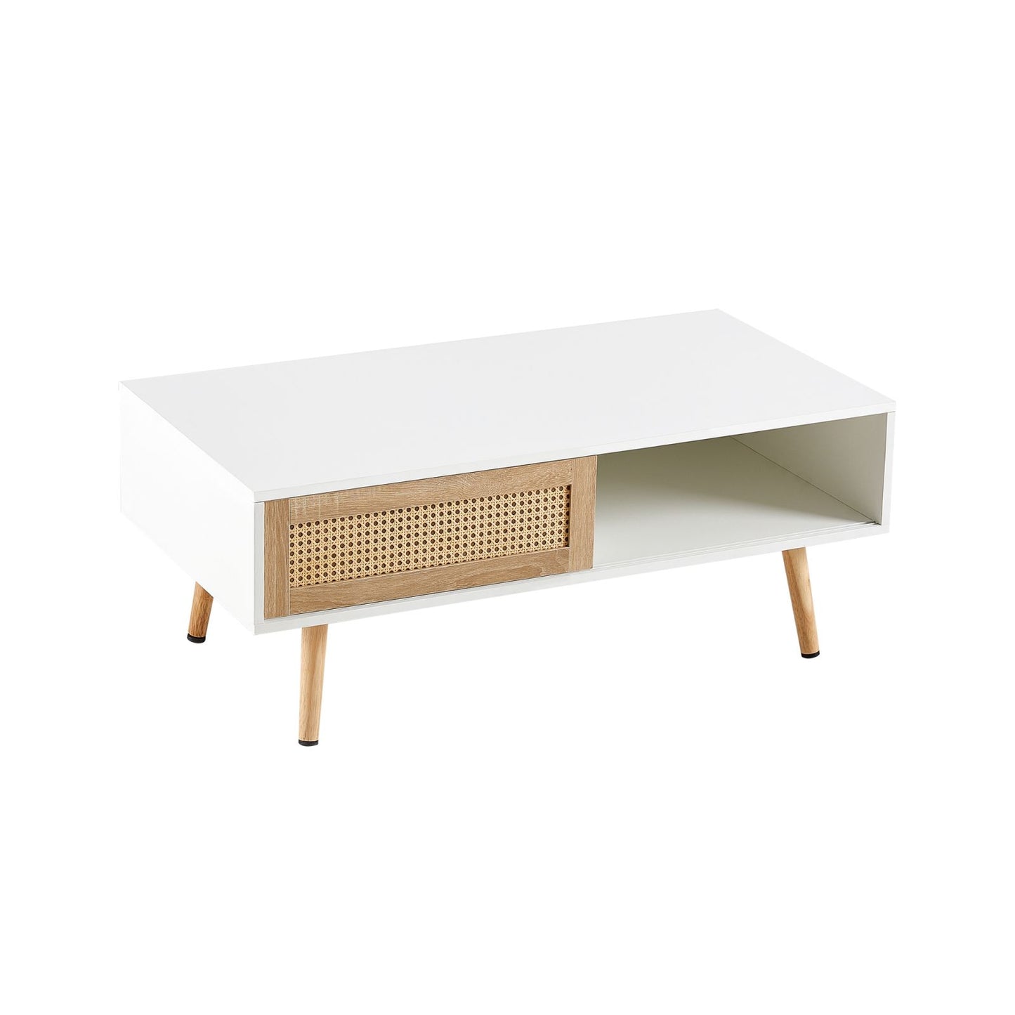 Melysen 41.34" Rattan Coffee table, sliding door for storage, solid wood legs, Modern table  for living room ,White