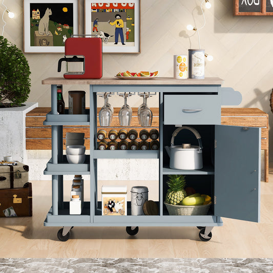 Melysen Multipurpose Kitchen Cart Cabinet with Side Storage Shelves,Rubber Wood Top, Adjustable Storage Shelves, 5 Wheels, Kitchen Storage Island with Wine Rack for Dining Room, Home,Bar,Grey Blue