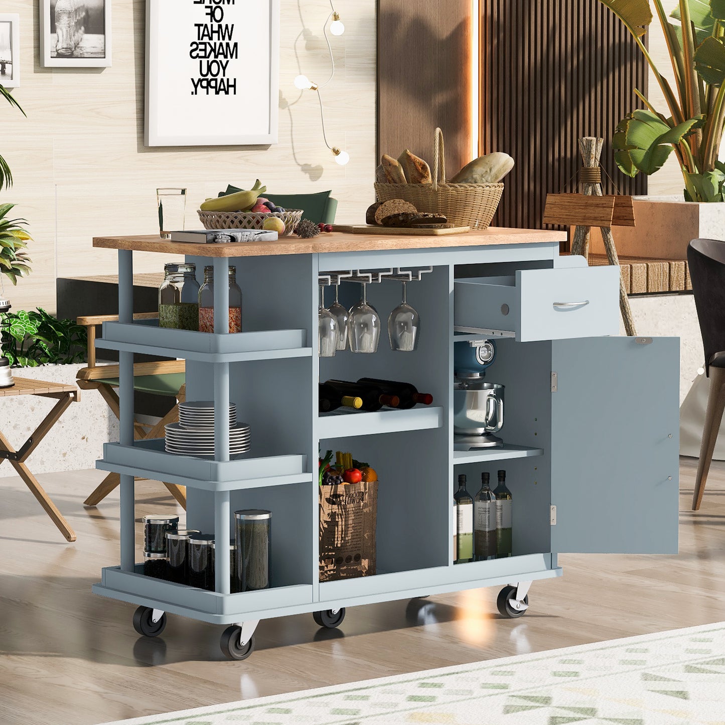 Melysen Multipurpose Kitchen Cart Cabinet with Side Storage Shelves,Rubber Wood Top, Adjustable Storage Shelves, 5 Wheels, Kitchen Storage Island with Wine Rack for Dining Room, Home,Bar,Grey Blue