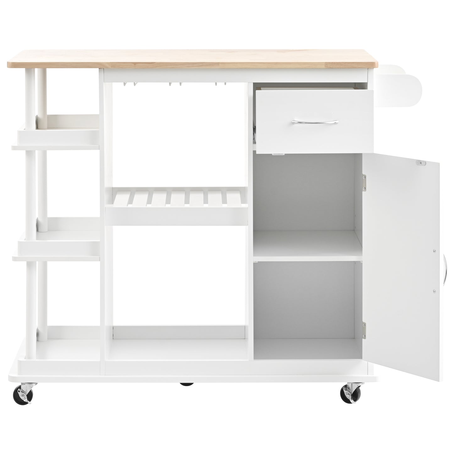 Melysen Multipurpose Kitchen Cart Cabinet with Side Storage Shelves,Rubber Wood Top, Adjustable Storage Shelves, 5 Wheels, Kitchen Storage Island with Wine Rack for Dining Room, Home,Bar,White