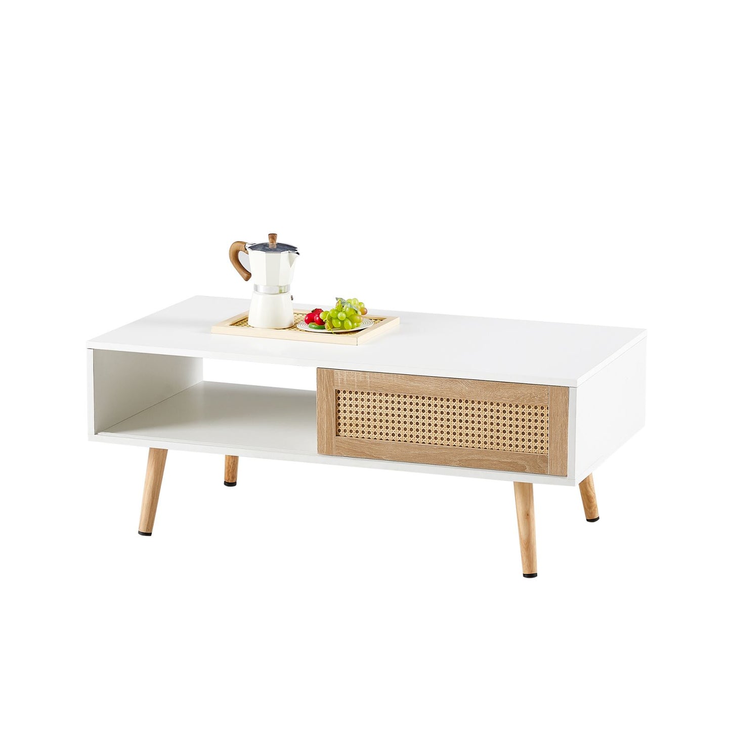 Melysen 41.34" Rattan Coffee table, sliding door for storage, solid wood legs, Modern table  for living room ,White