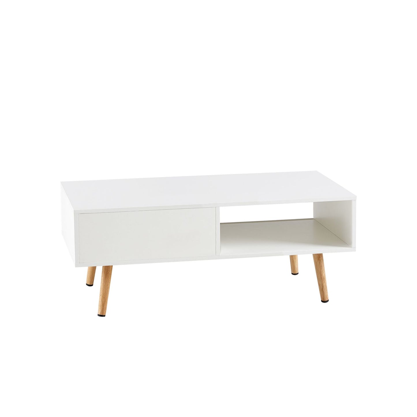 Melysen 41.34" Rattan Coffee table, sliding door for storage, solid wood legs, Modern table  for living room ,White