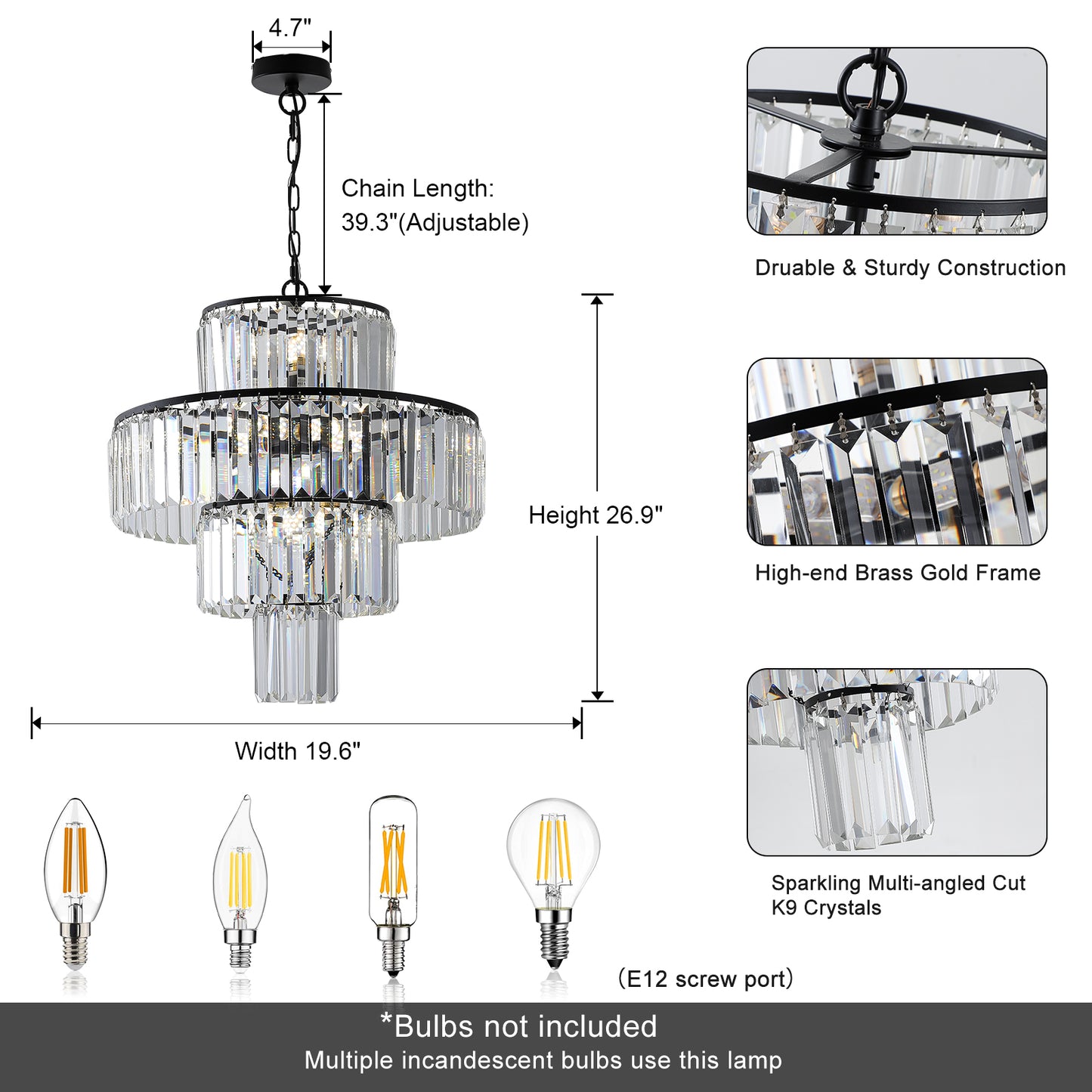 12-E12 Black Luxury Crystal Chandelier(No Bulbs)