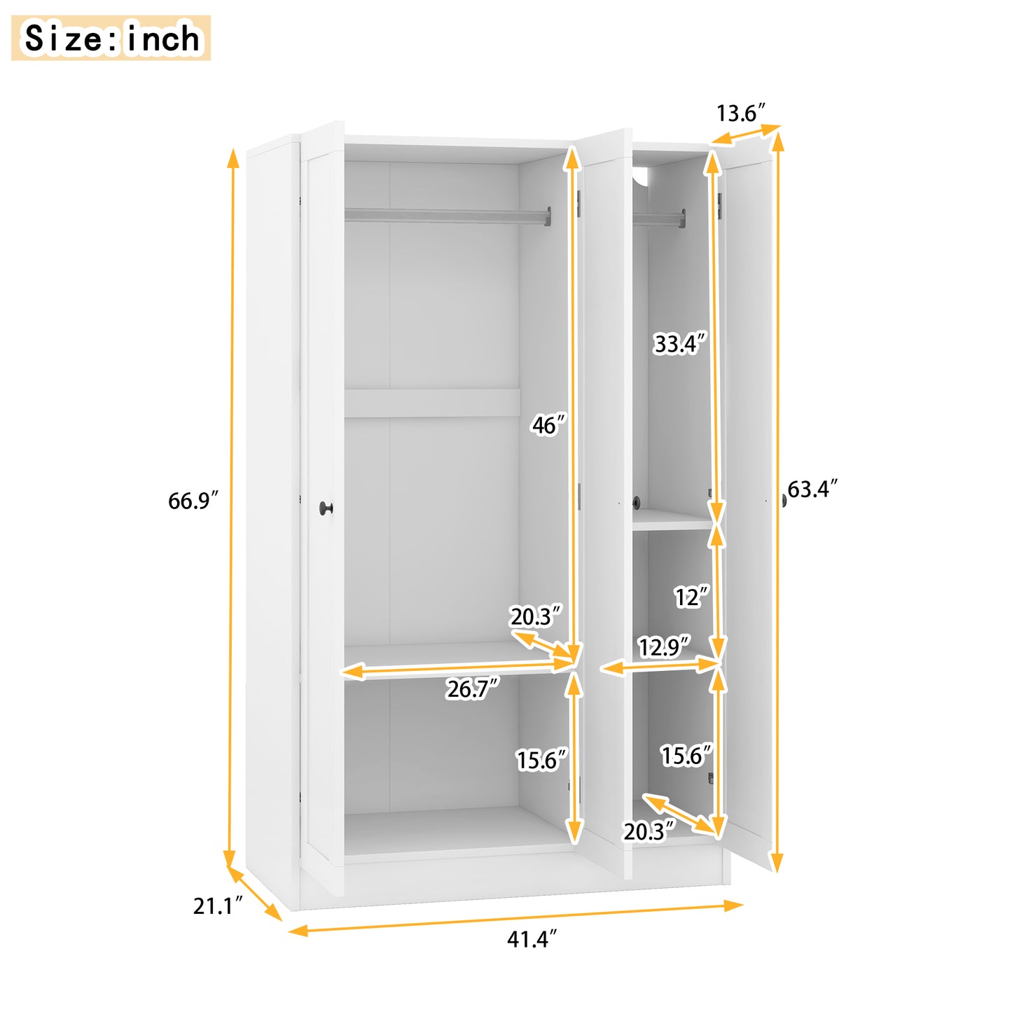 Melysen 3-Door Shutter Wardrobe with shelves, White