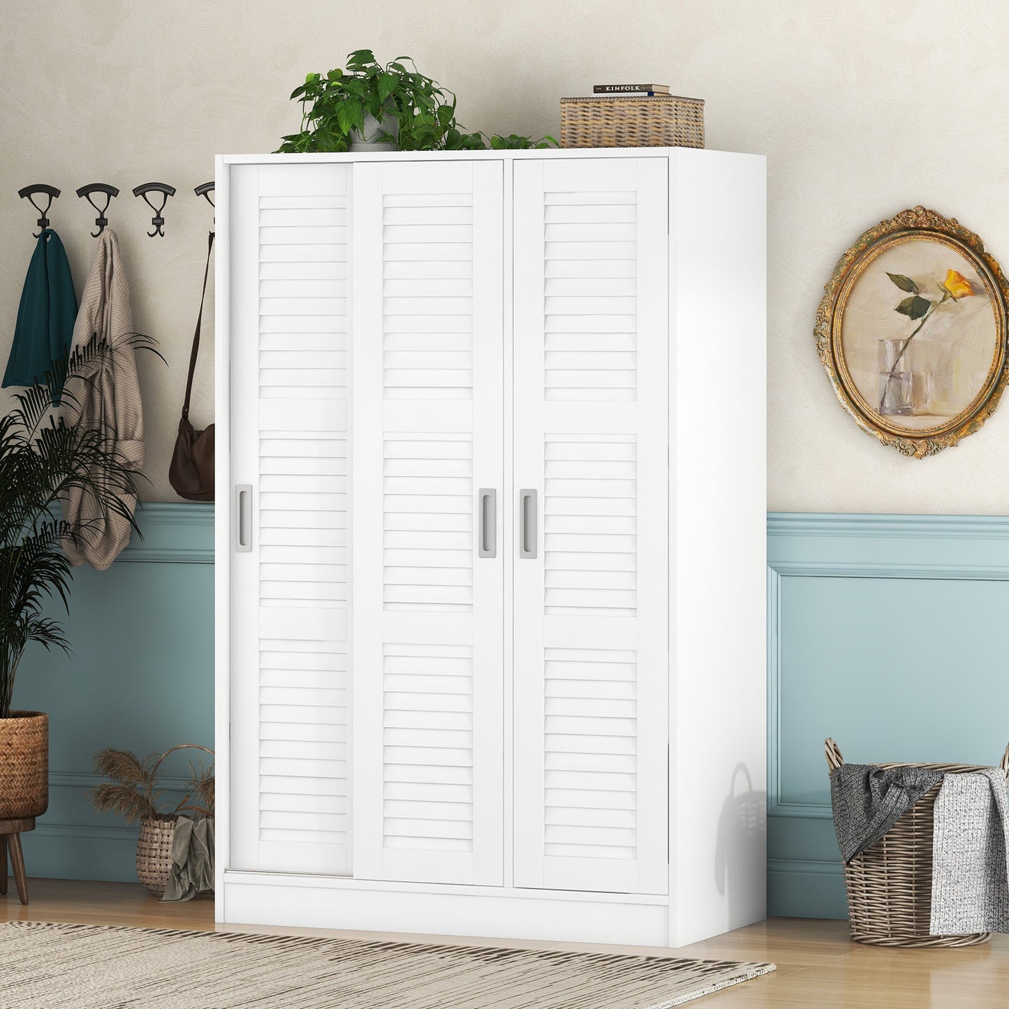 Melysen White 3-Door Shutter Wardrobe with shelves