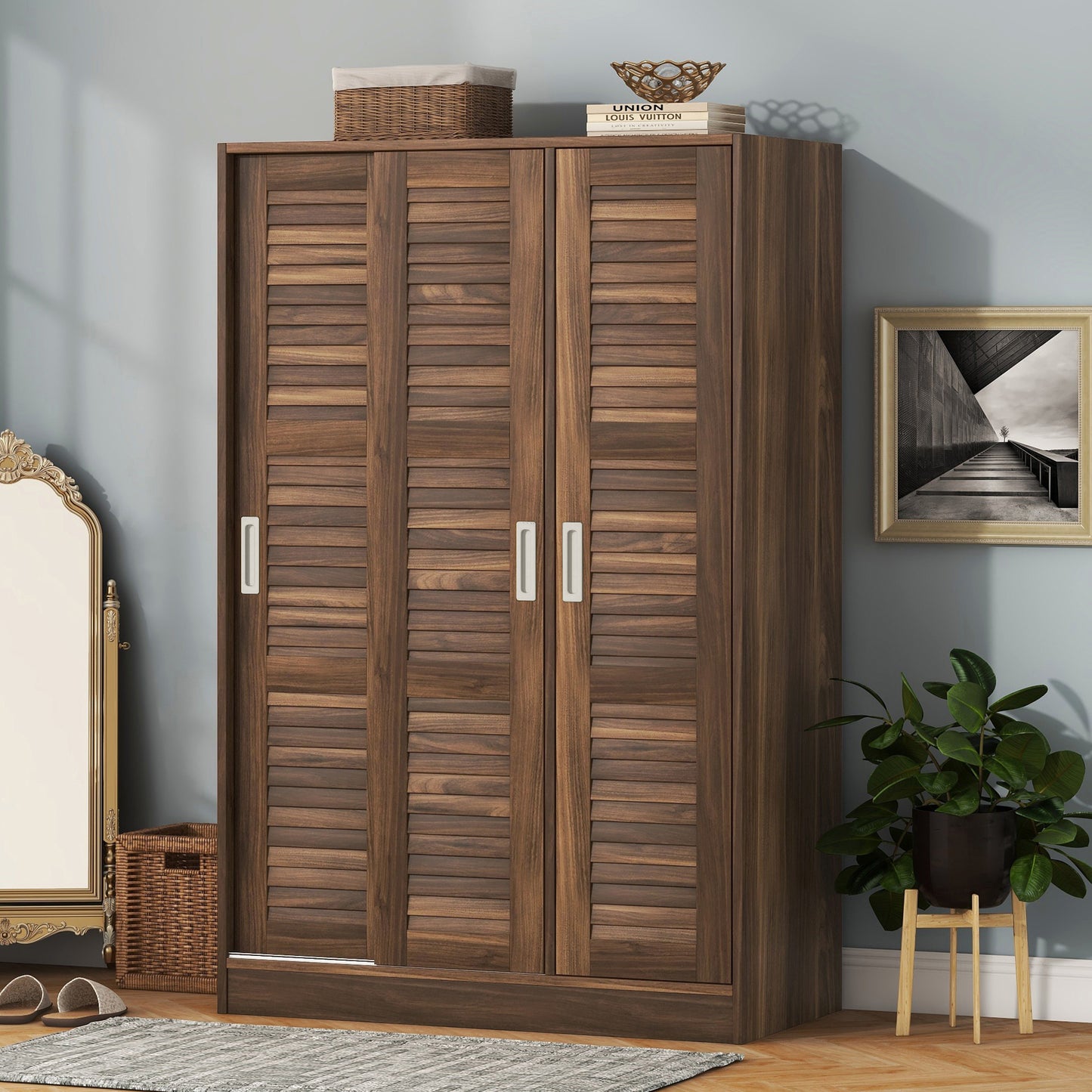 Melysen 3-Door Shutter Wardrobe with shelves, Walnut