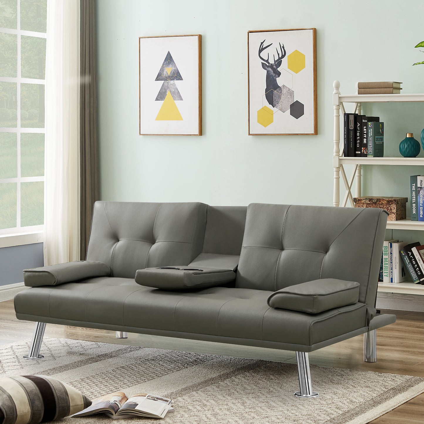 Melysen Grey Pu Sofa Bed With Cup Holder