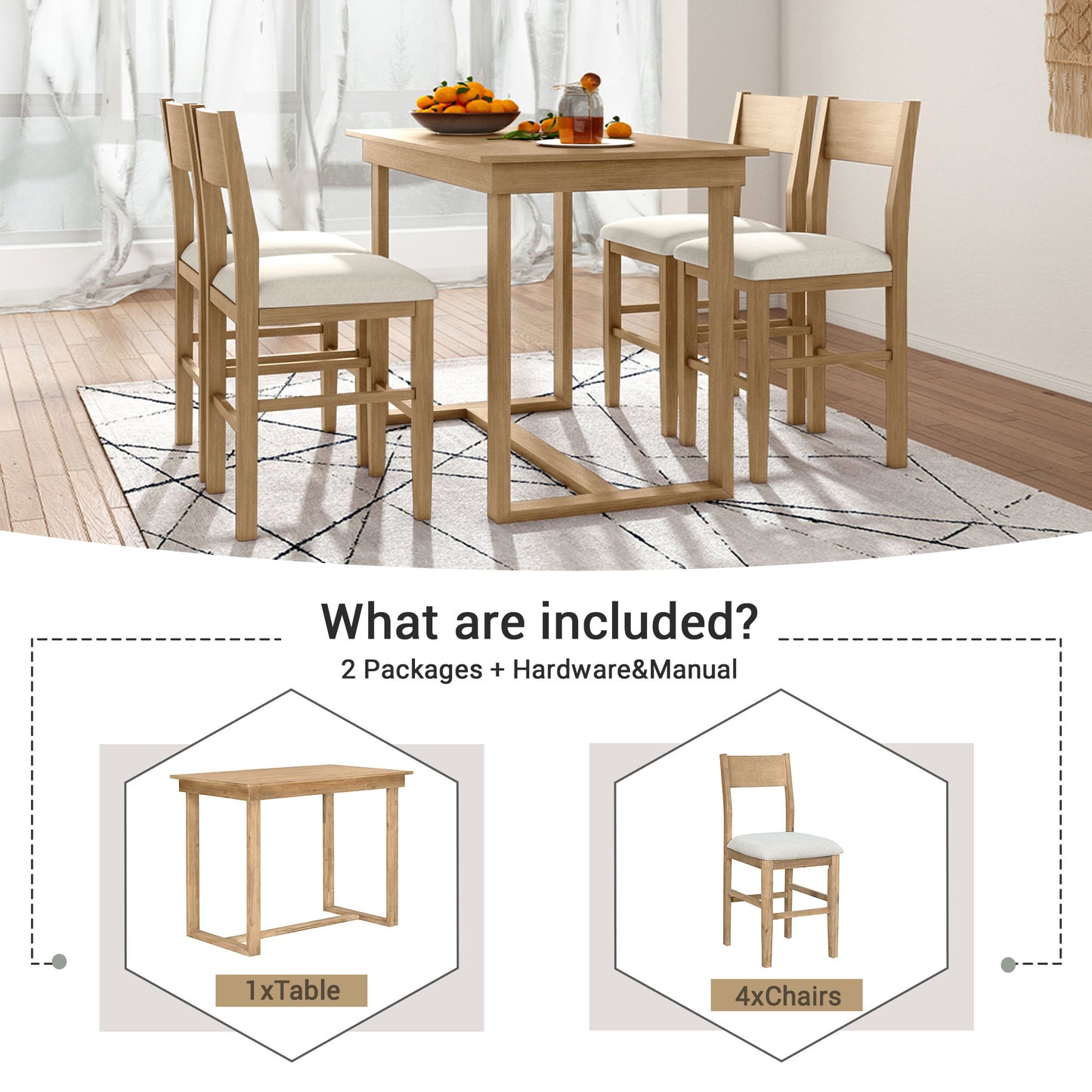 Melysen Farmhouse Counter Height 5-Piece Dining Table Set with 1 Rectangular Dining Table and 4 Dining Chairs for Small Places