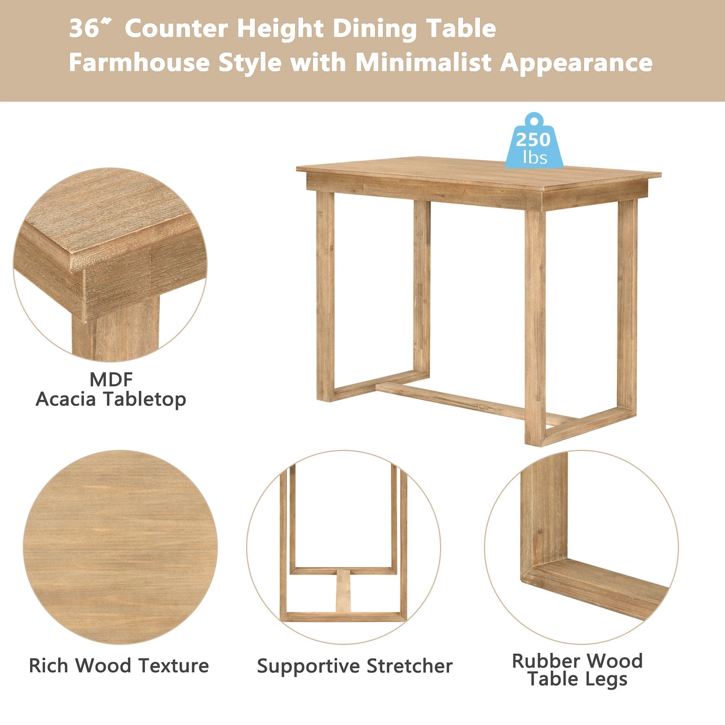 Melysen Farmhouse Counter Height 5-Piece Dining Table Set with 1 Rectangular Dining Table and 4 Dining Chairs for Small Places